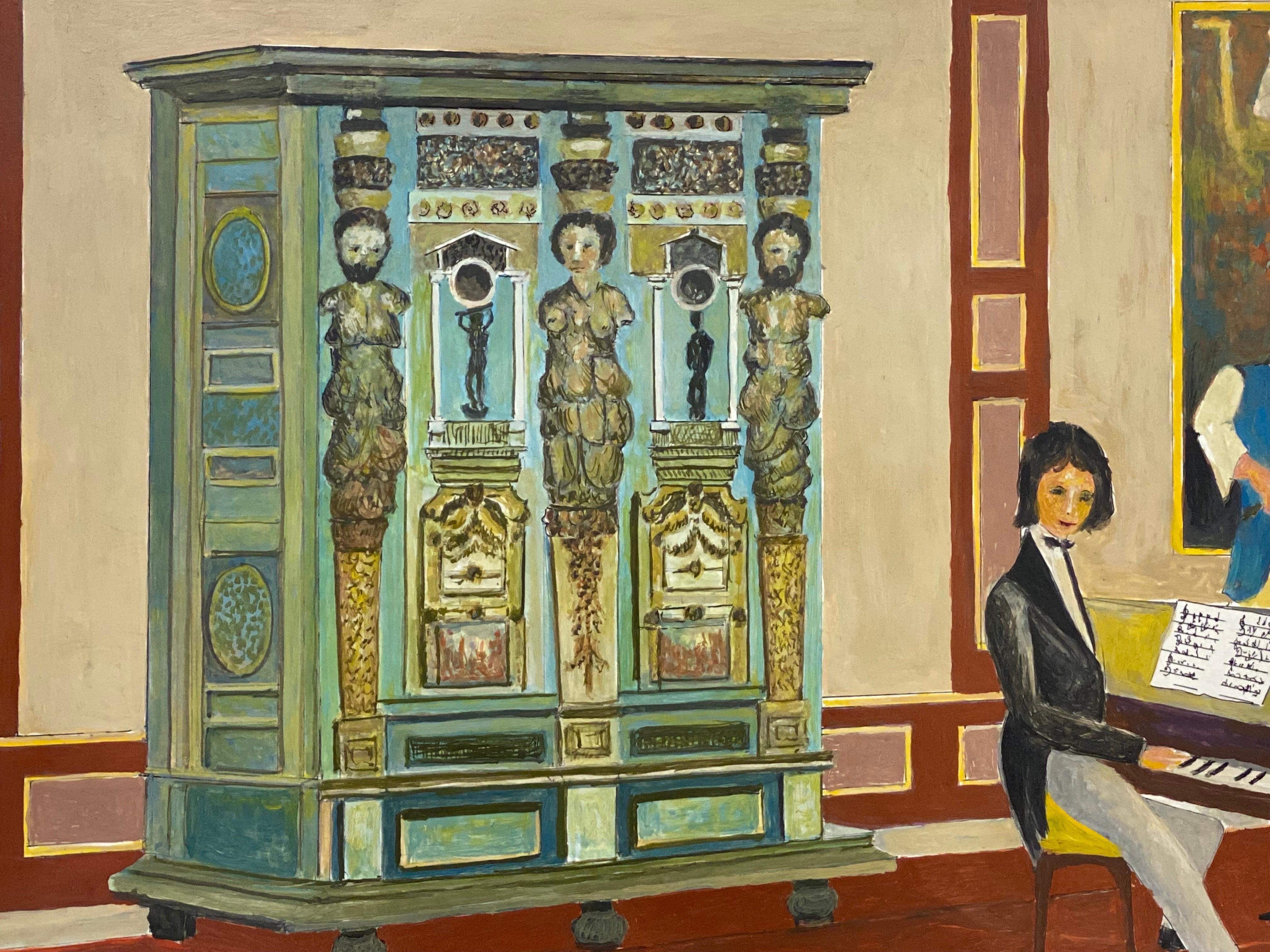 1950's Signed Modernist Painting, Pianist and Violin Player Interior Scene For Sale 1