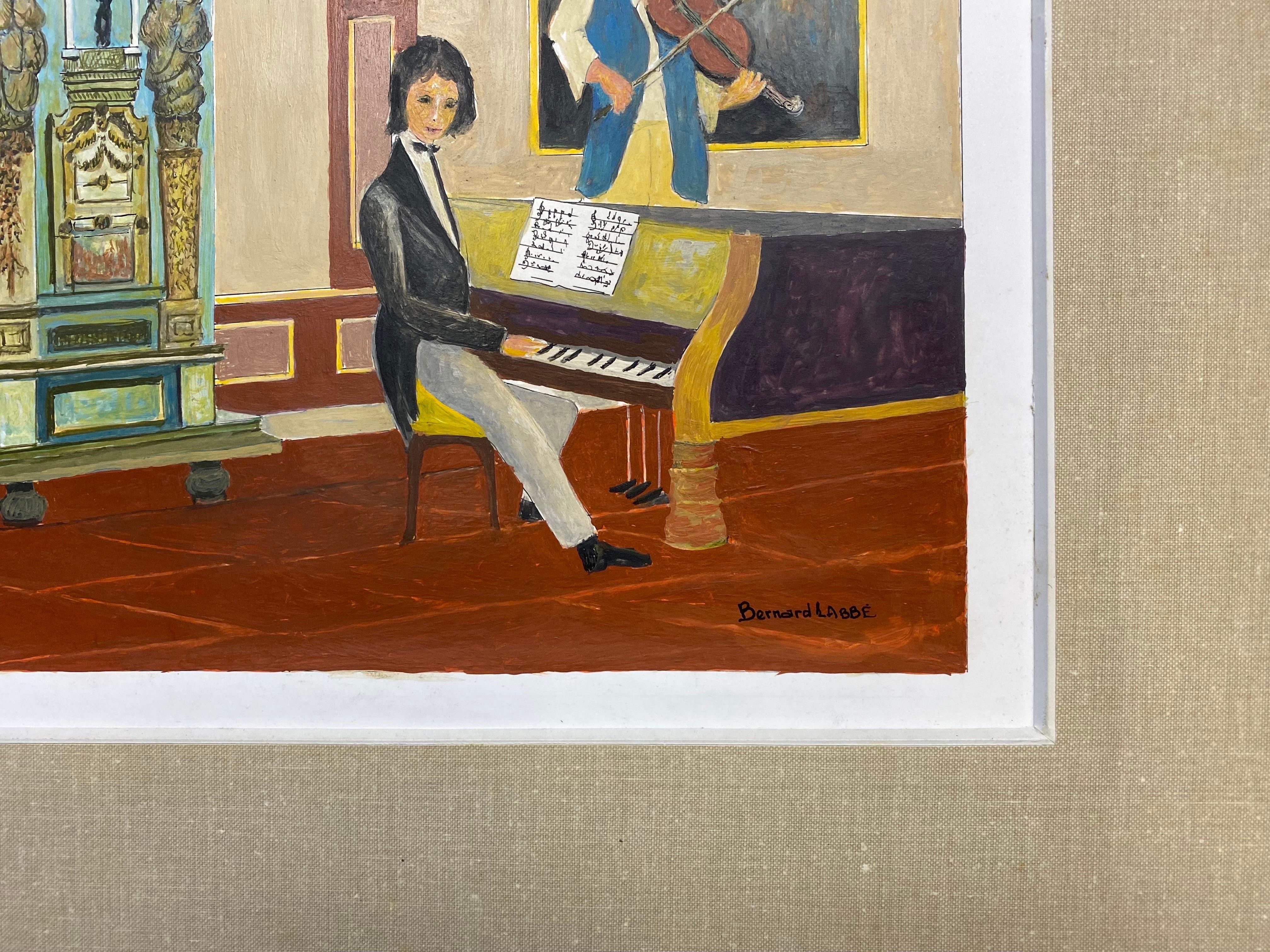 1950's Signed Modernist Painting, Pianist and Violin Player Interior Scene For Sale 4