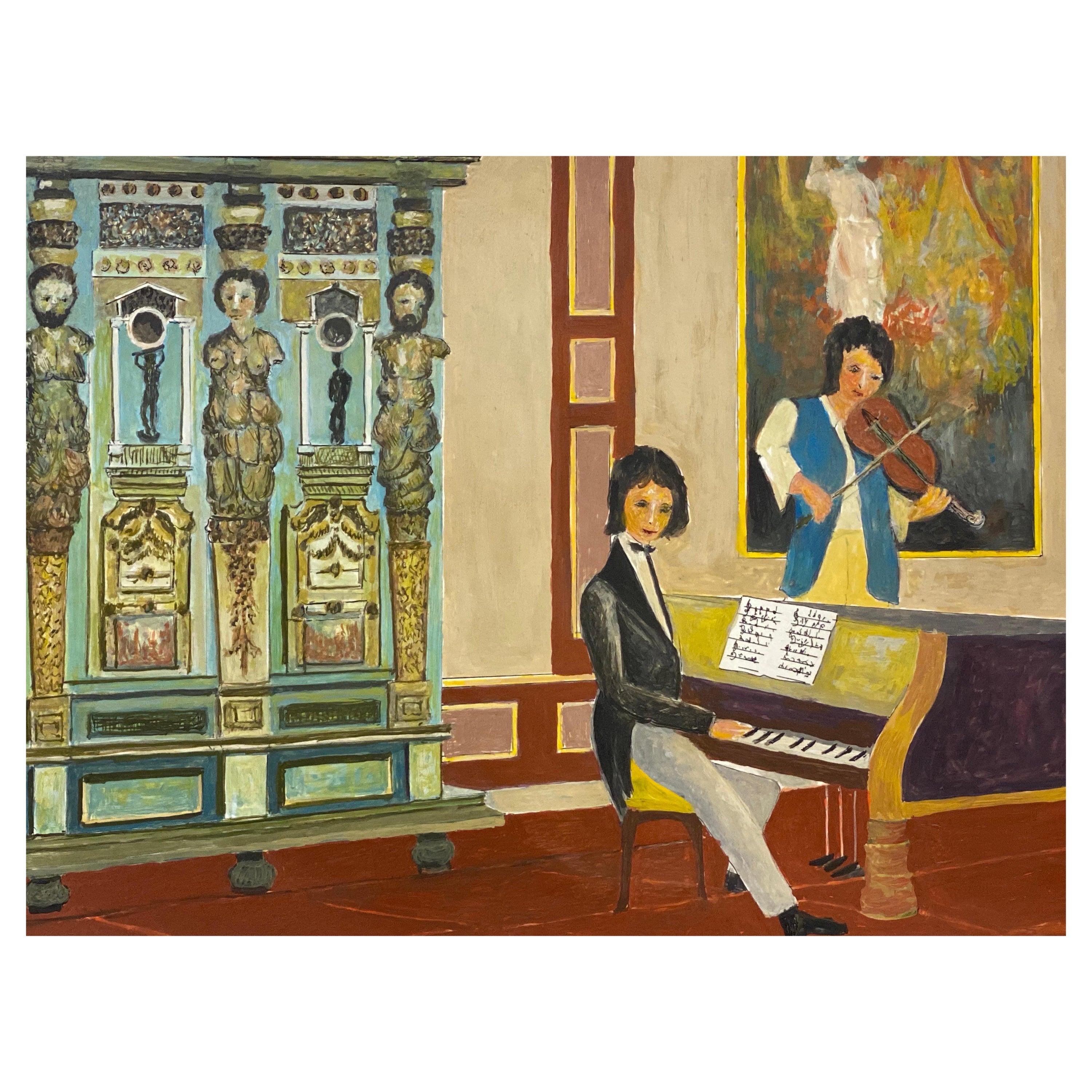 Unknown Figurative Painting - 1950's Signed Modernist Painting, Pianist and Violin Player Interior Scene
