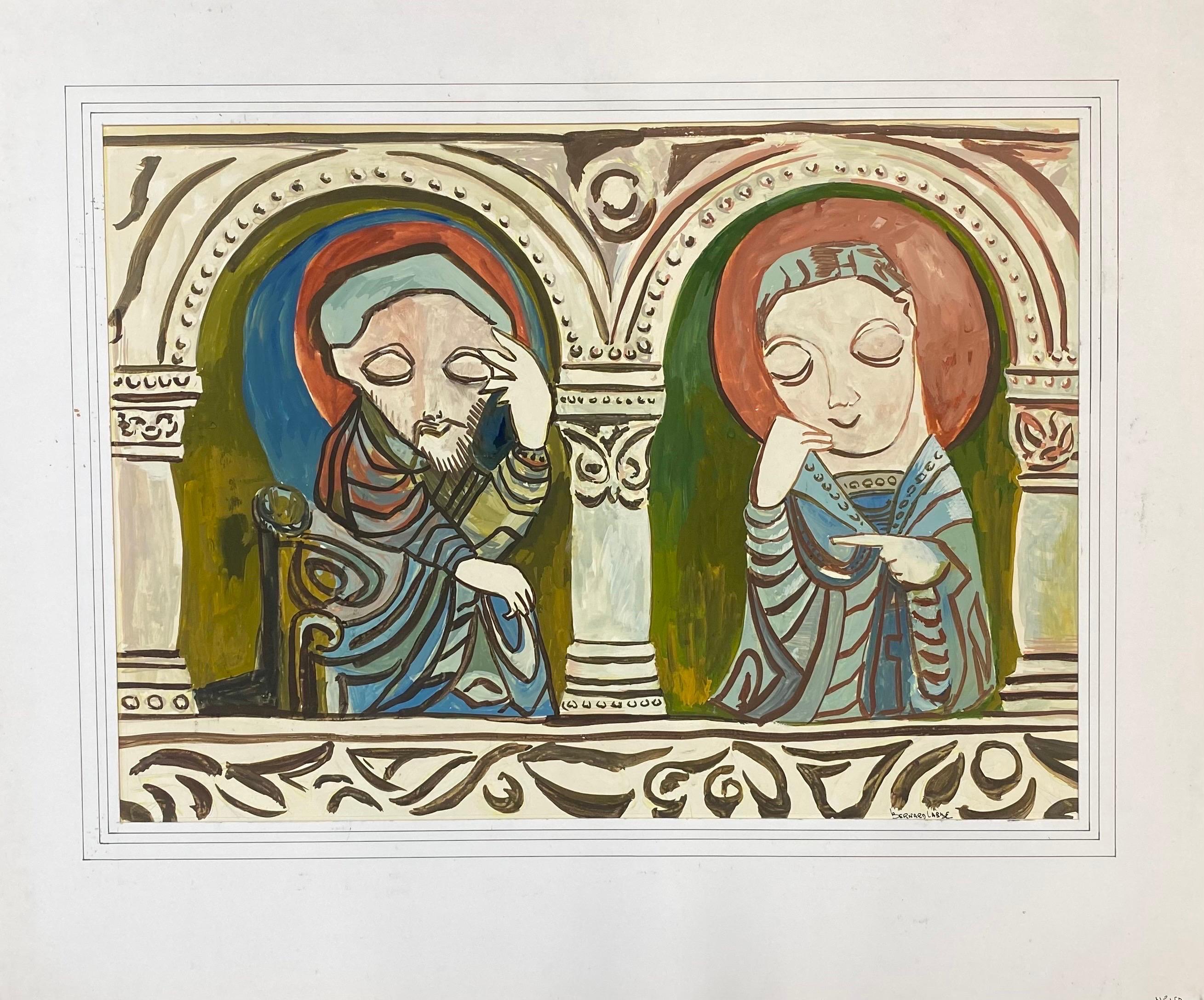 1950's Signed Modernist Painting, Two Caricature Figures - Brown Figurative Painting by Unknown