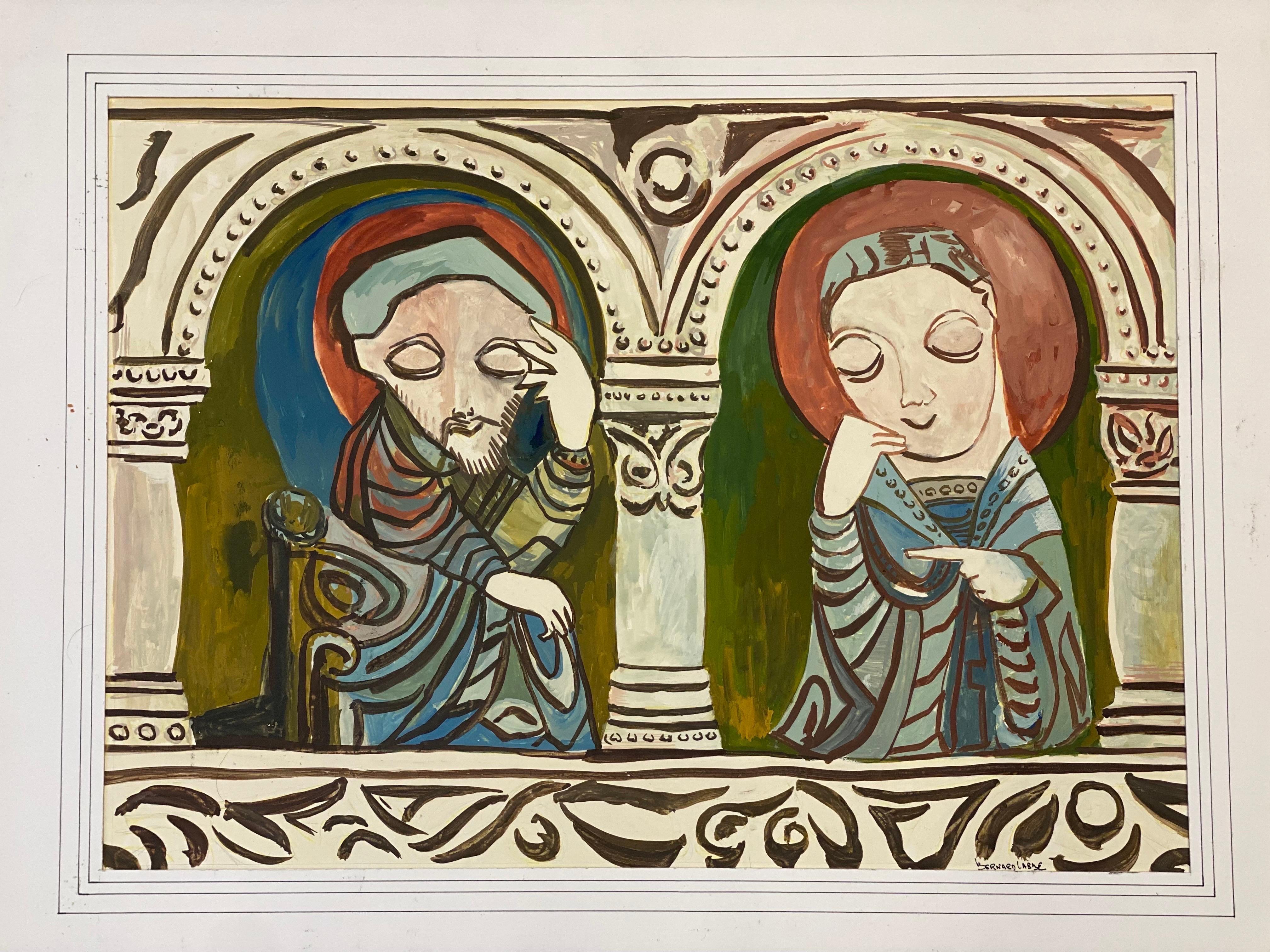 1950's Signed Modernist Painting, Two Caricature Figures For Sale 2