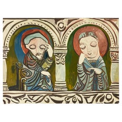 Vintage 1950's Signed Modernist Painting, Two Caricature Figures