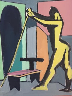 1950s "Stick" Mid Century Nude Gouache Painting