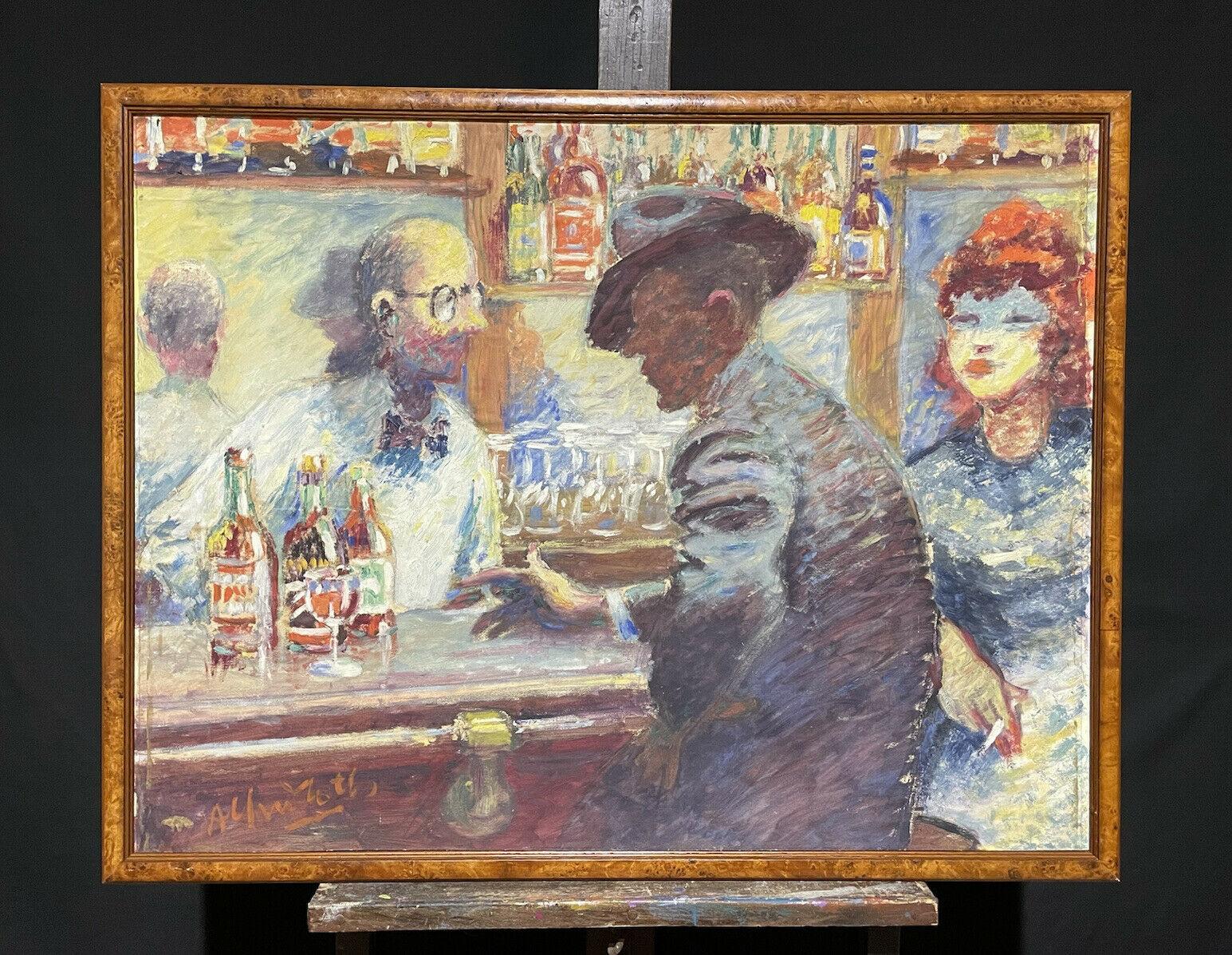 1950's VERY LARGE FRENCH SIGNED OIL - FIGURES DRINKING AT BAR - SMOKY INTERIOR - Painting by Unknown