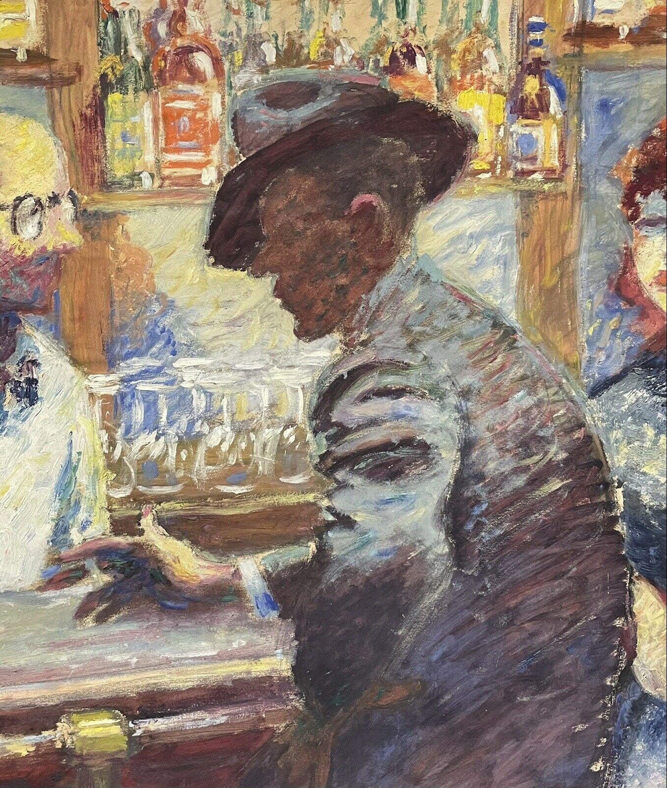 1950's VERY LARGE FRENCH SIGNED OIL - FIGURES DRINKING AT BAR - SMOKY INTERIOR - Brown Interior Painting by Unknown