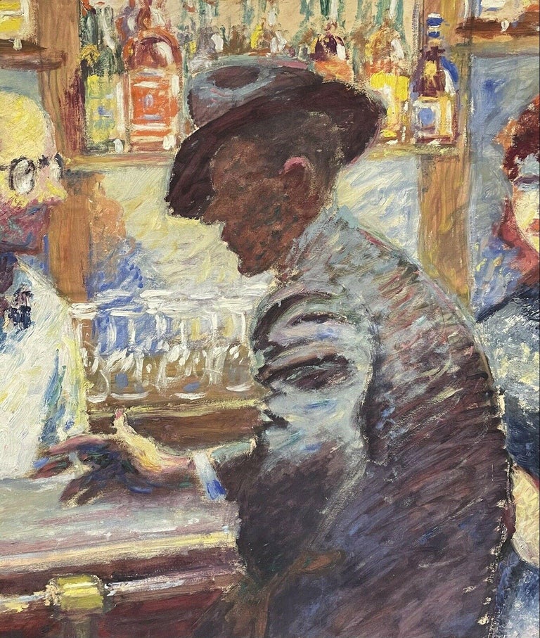 1950's VERY LARGE FRENCH SIGNED OIL - FIGURES DRINKING AT BAR - SMOKY INTERIOR For Sale 1