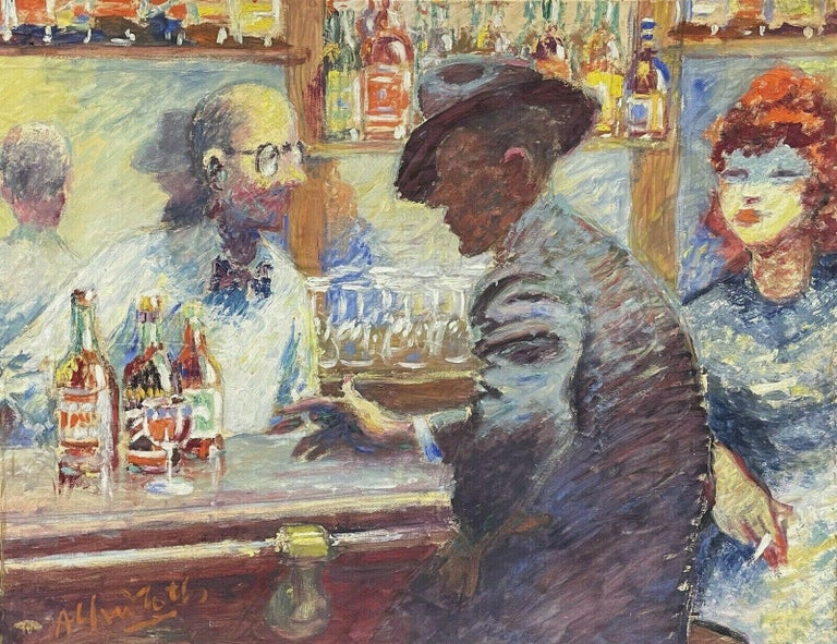 Unknown Interior Painting - 1950's VERY LARGE FRENCH SIGNED OIL - FIGURES DRINKING AT BAR - SMOKY INTERIOR