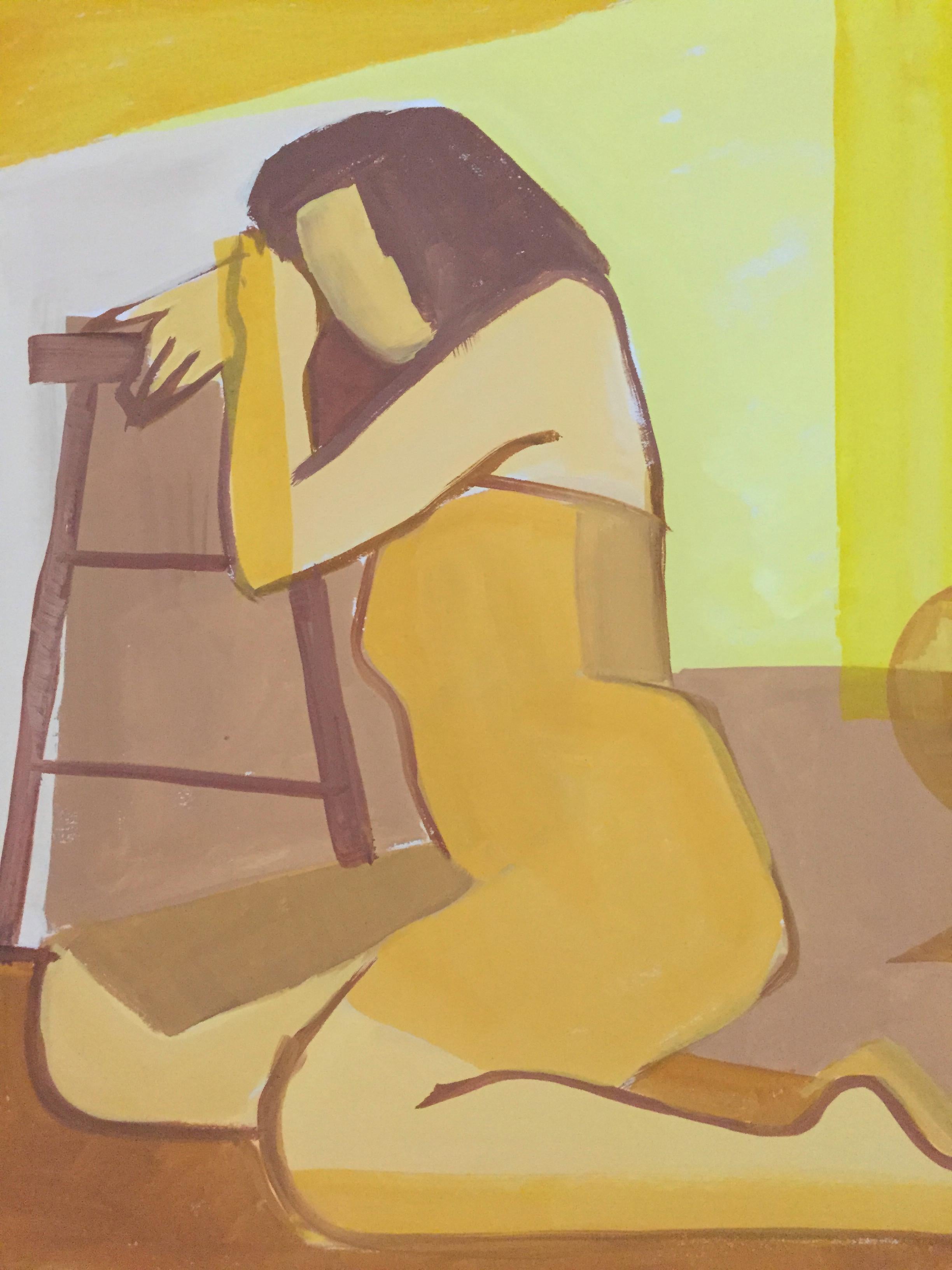 Peinture à la gouache nue du milieu du siècle « jaune » des années 1950 - Painting de Unknown