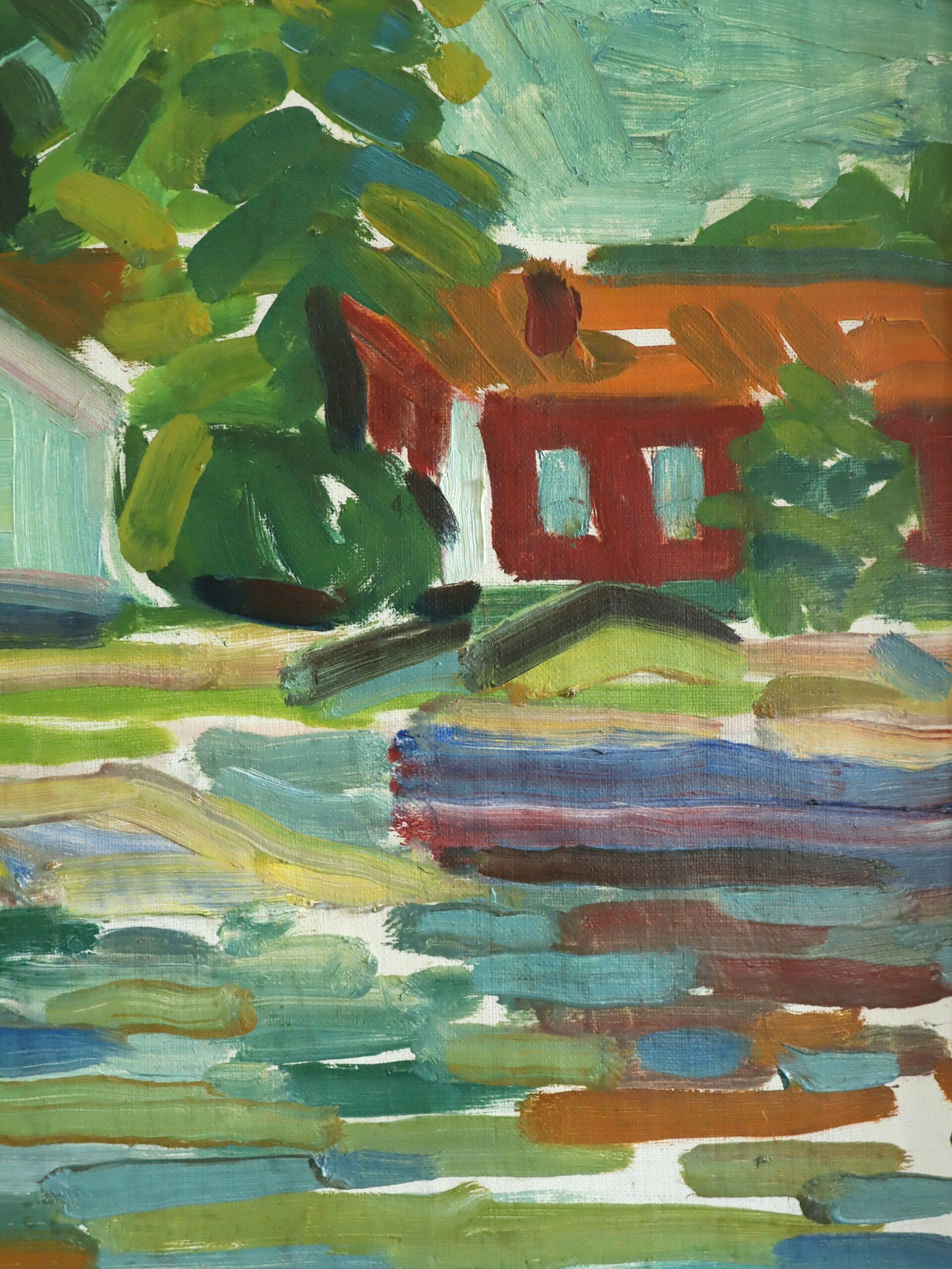 1951 Peinture à l'huile d'un paysage suédois moderne du milieu du siècle - Riverside Cottages en vente 5