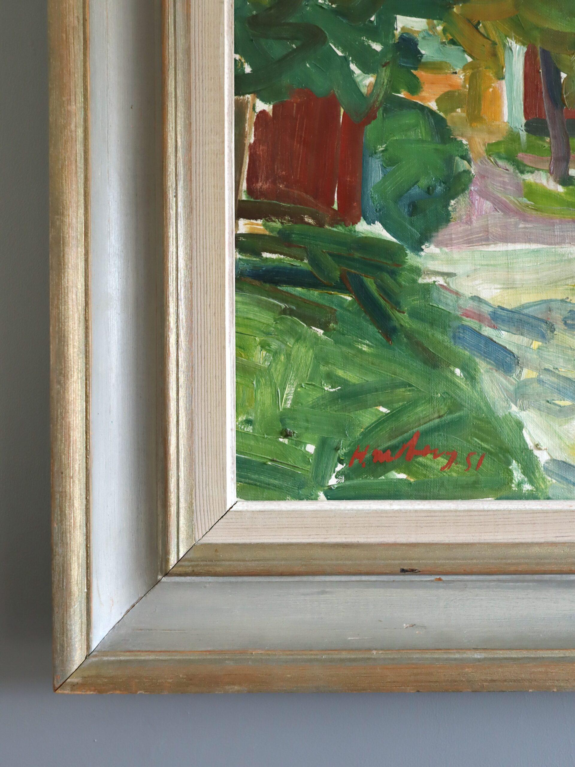 1951 Peinture à l'huile d'un paysage suédois moderne du milieu du siècle - Riverside Cottages en vente 1