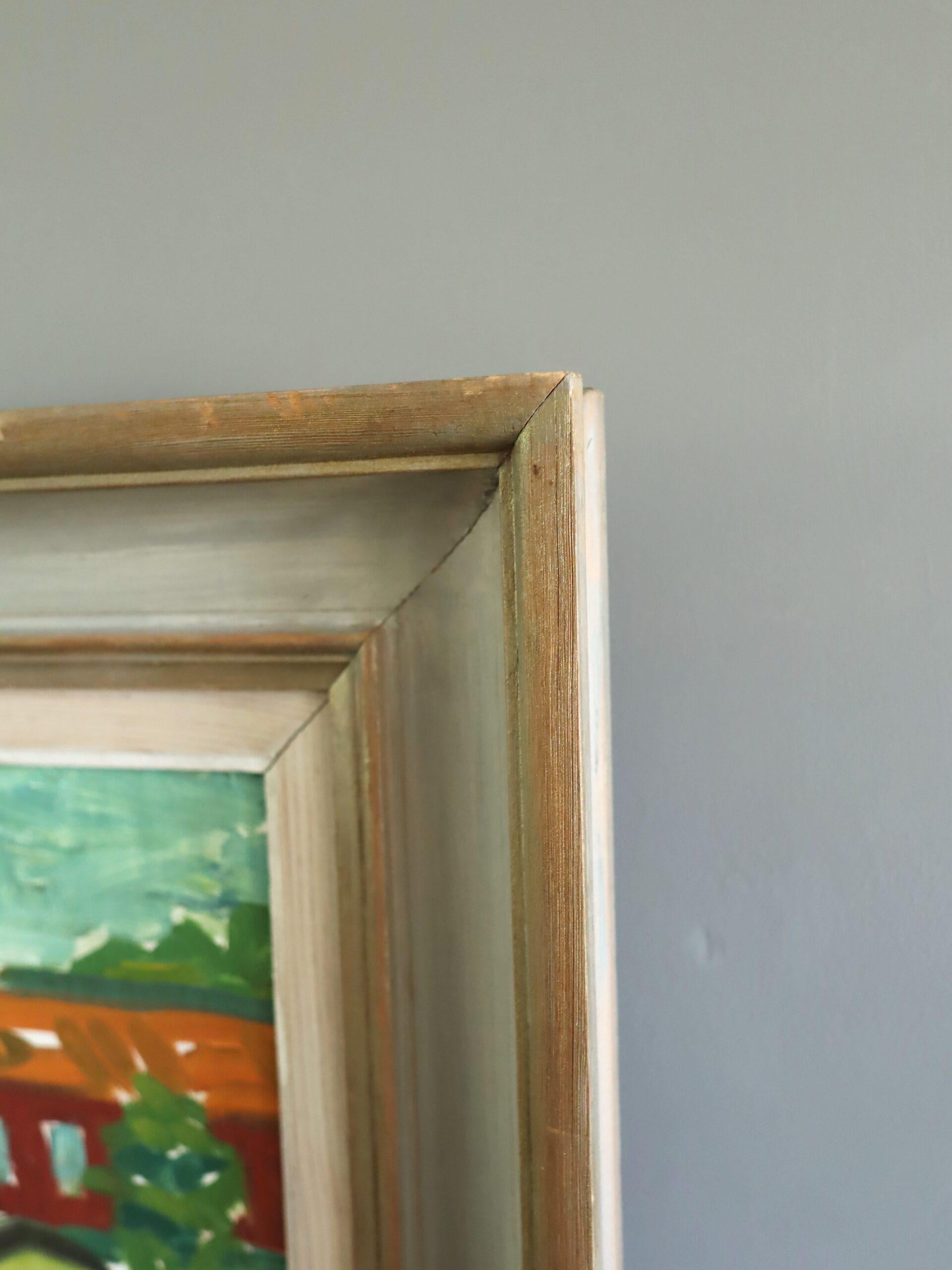 1951 Peinture à l'huile d'un paysage suédois moderne du milieu du siècle - Riverside Cottages en vente 2