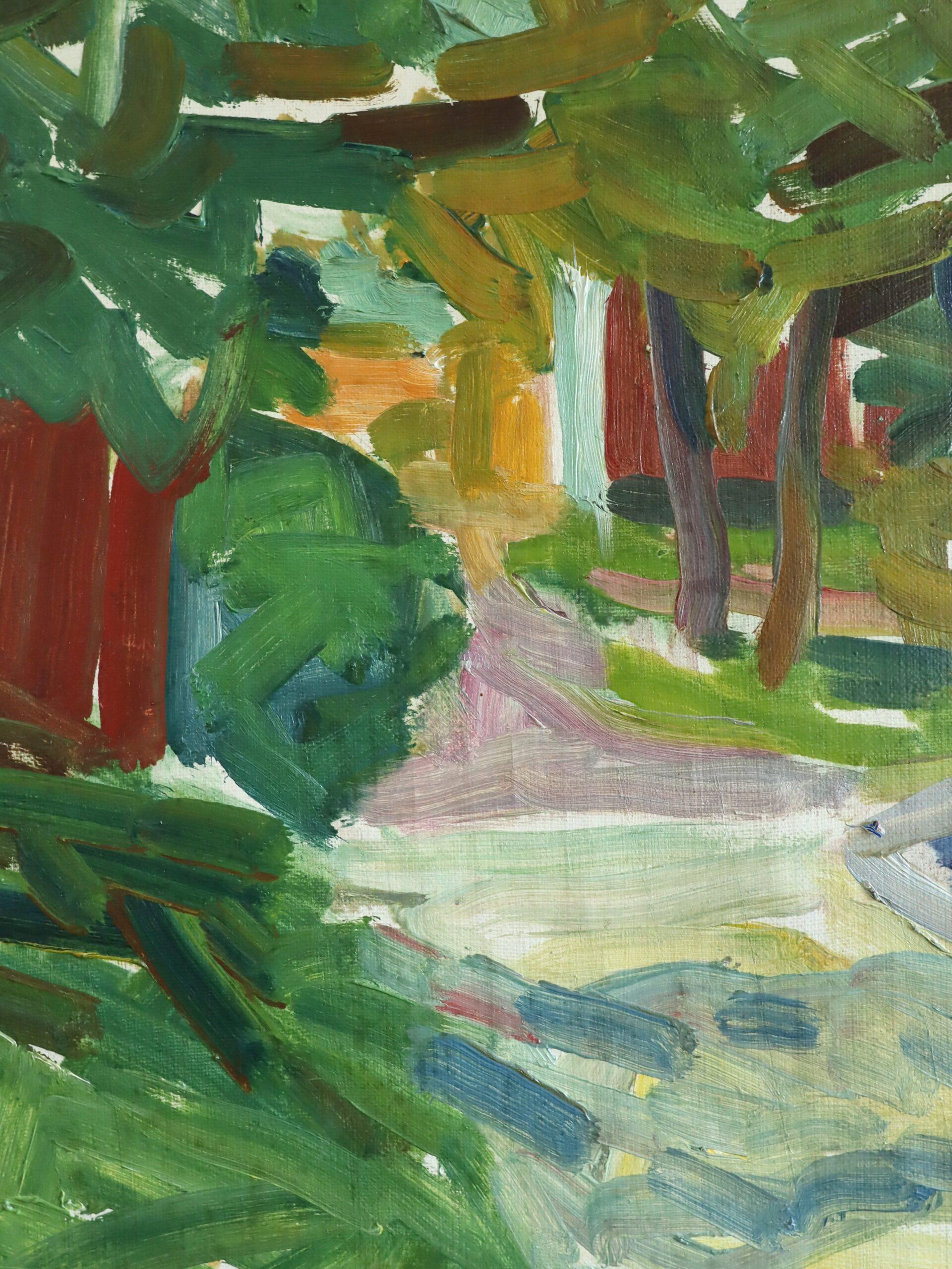 1951 Peinture à l'huile d'un paysage suédois moderne du milieu du siècle - Riverside Cottages en vente 3