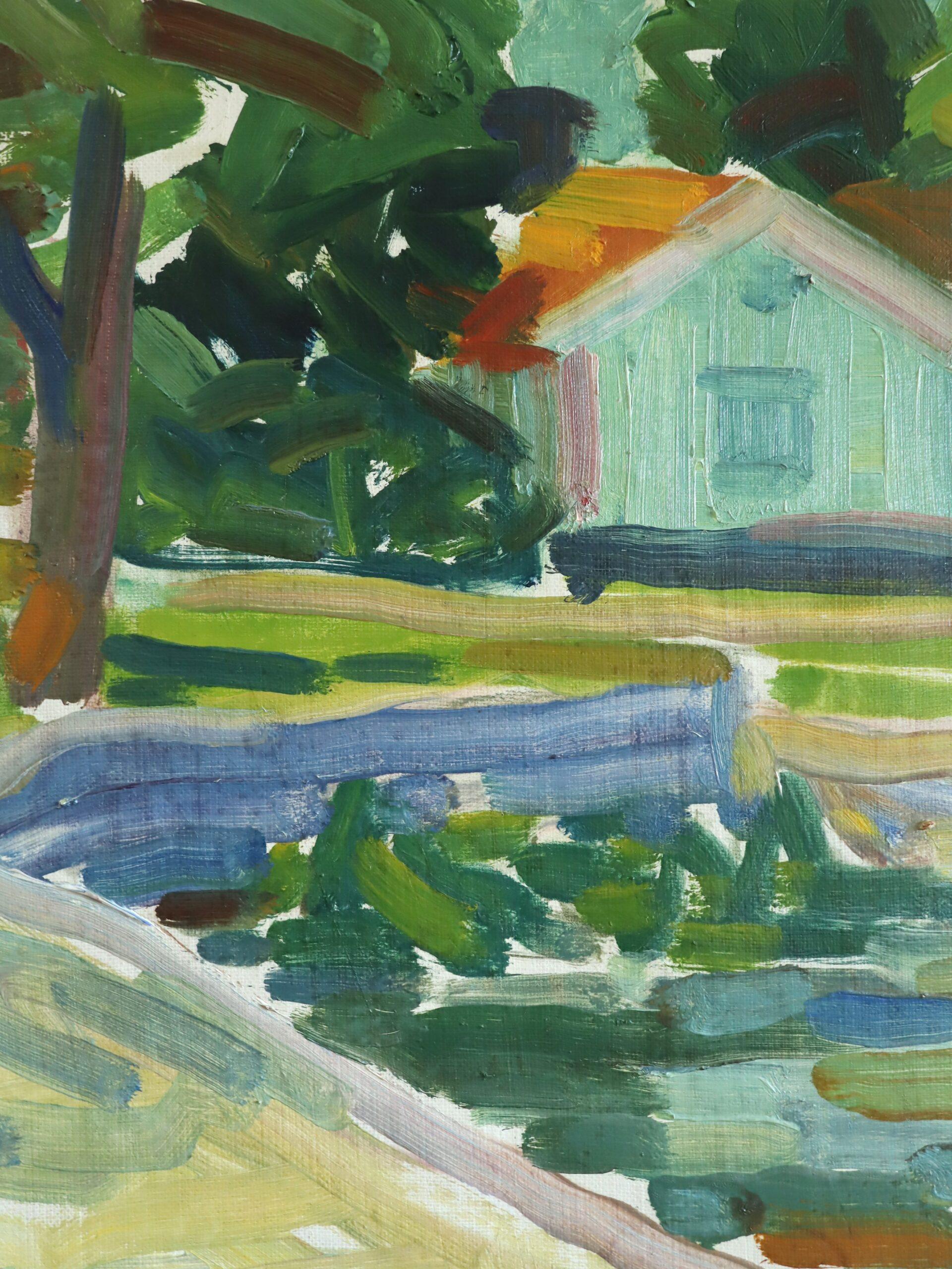 1951 Peinture à l'huile d'un paysage suédois moderne du milieu du siècle - Riverside Cottages en vente 4