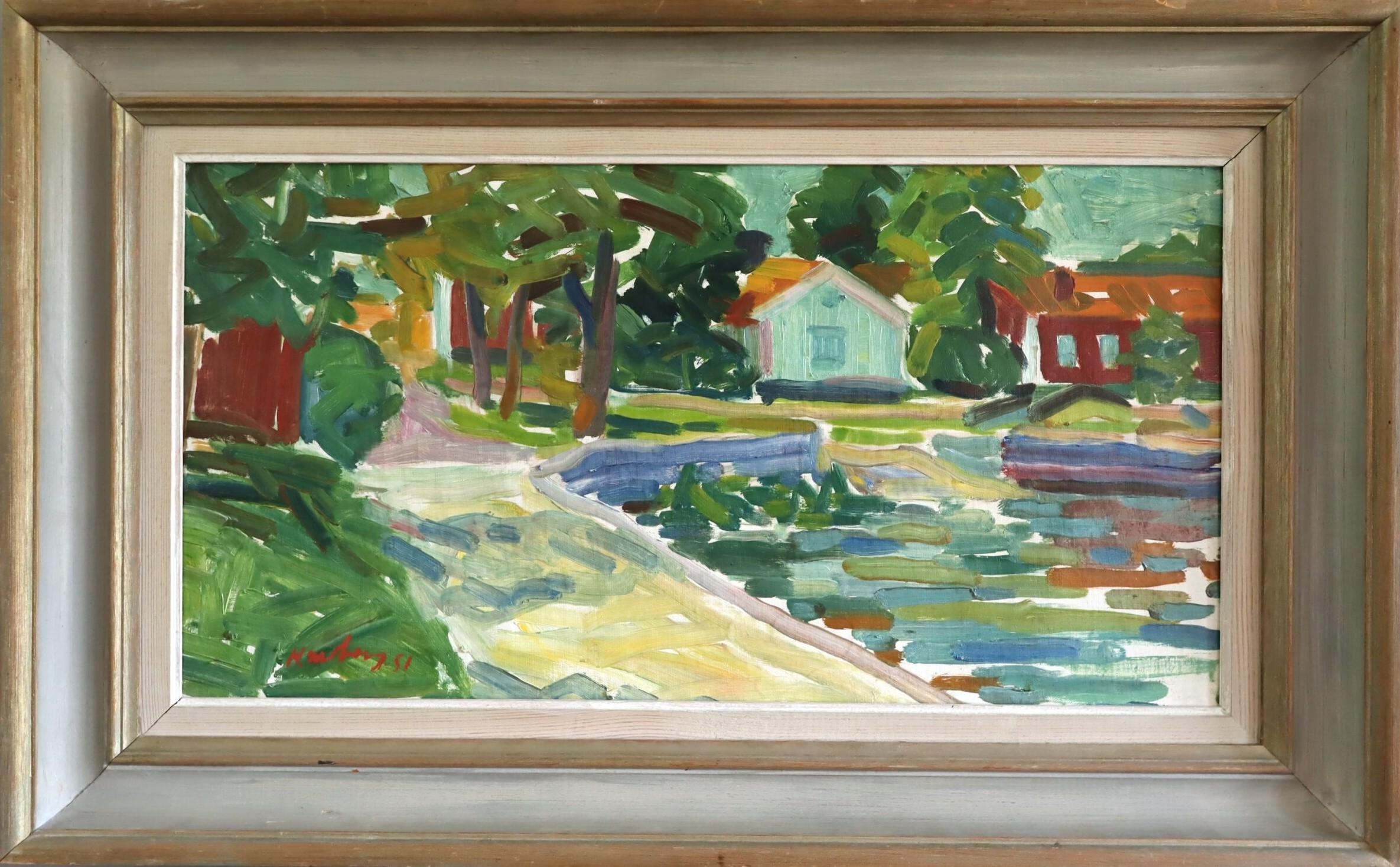 1951 Mid Century Modern Swedish Landscape Oil Painting - Riverside Cottages