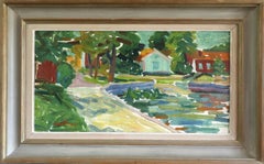 1951 Mid Century Modern Swedish Landscape Oil Painting - Riverside Cottages