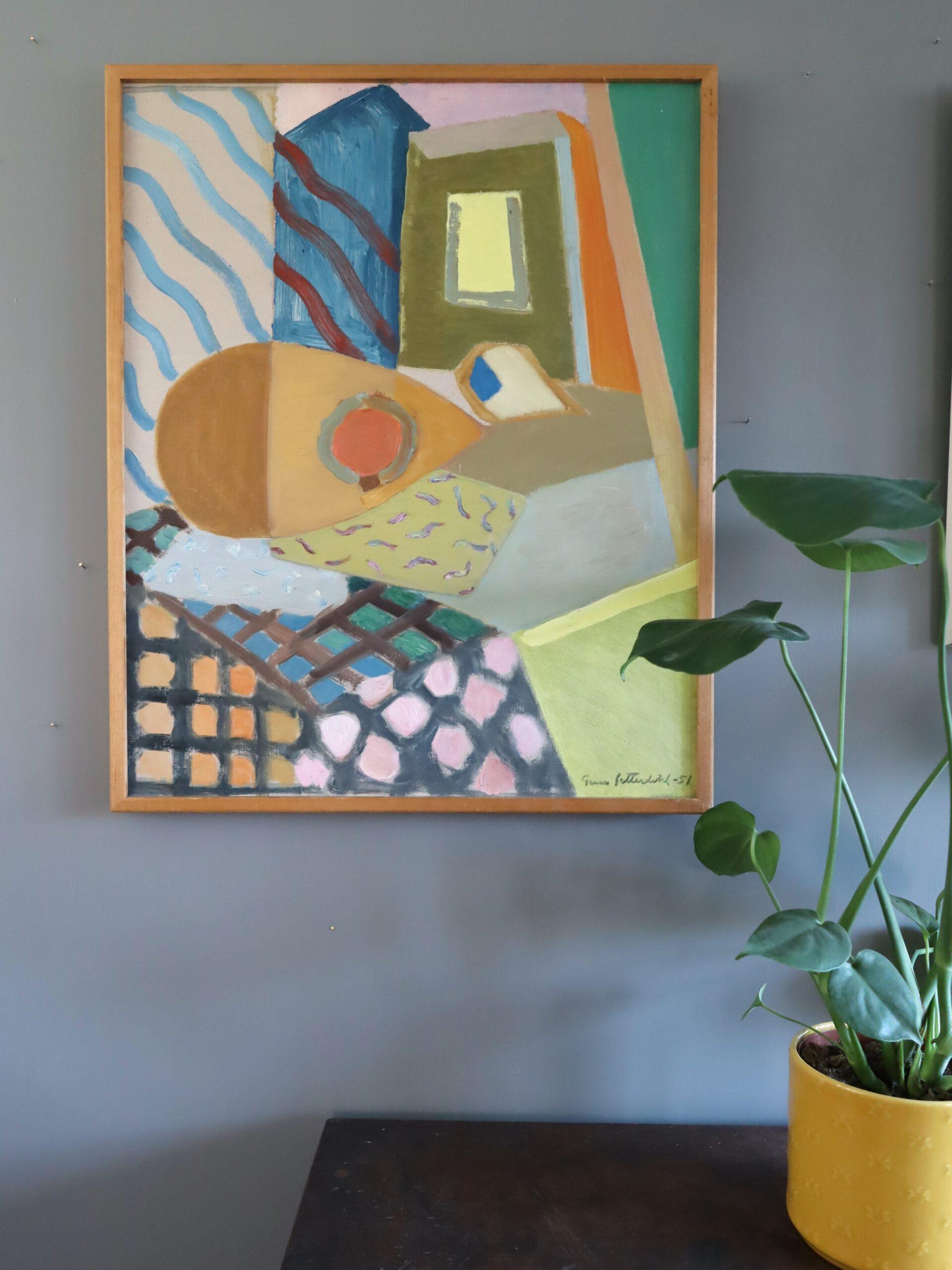 PATTERNS OF A SUMMER AFTERNOON
Size: 69 x 56.5 cm (including frame)
Oil on canvas

A lively and playful abstracted mid-century still life that transforms everyday objects into rhythmic shapes and patterns, executed in oil onto canvas and dated