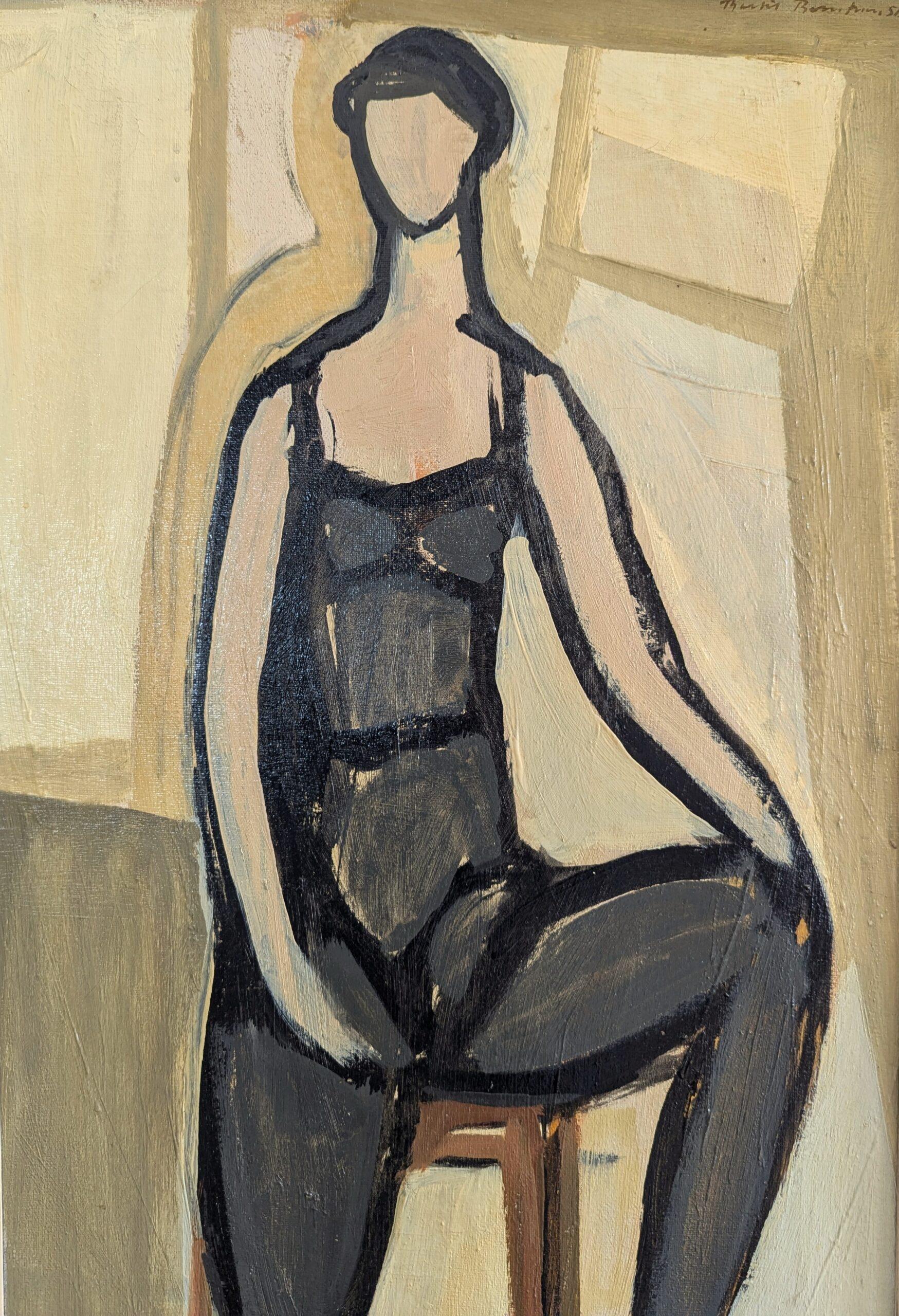 1951 Vintage Mid-Century Modern Figurative Portrait Framed Oil Painting - Pose For Sale 7