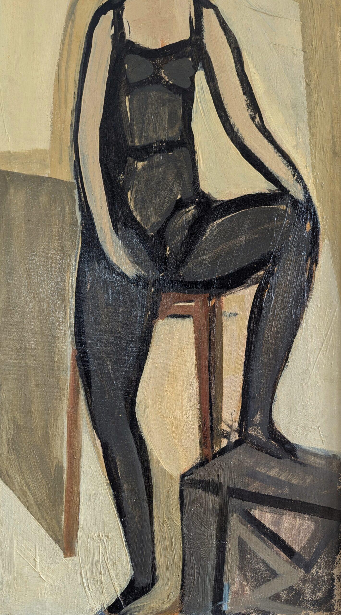 1951 Vintage Mid-Century Modern Figurative Portrait Framed Oil Painting - Pose For Sale 8