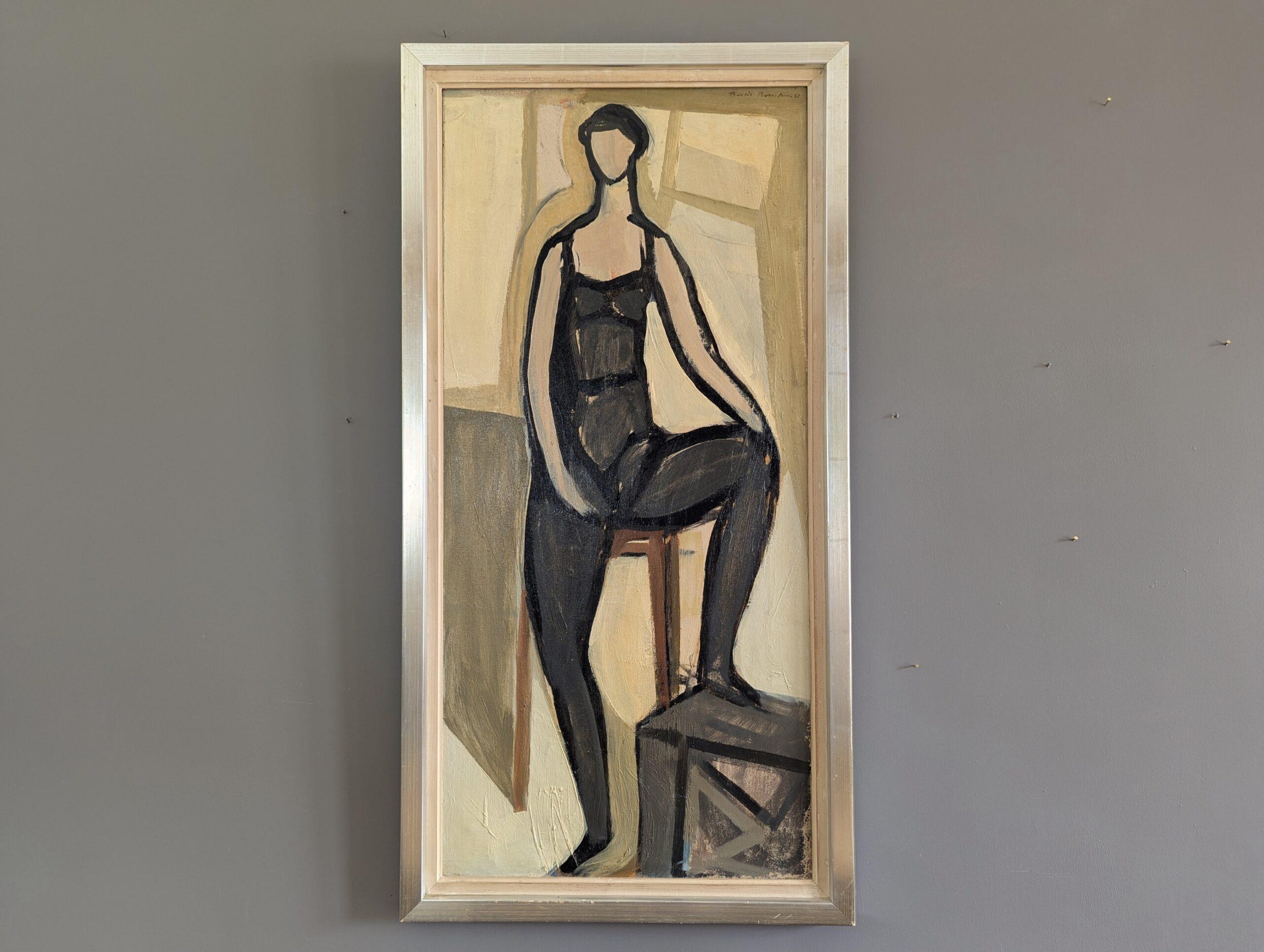 1951 Vintage Mid-Century Modern Figurative Portrait Framed Oil Painting - Pose - Brown Figurative Painting by Unknown