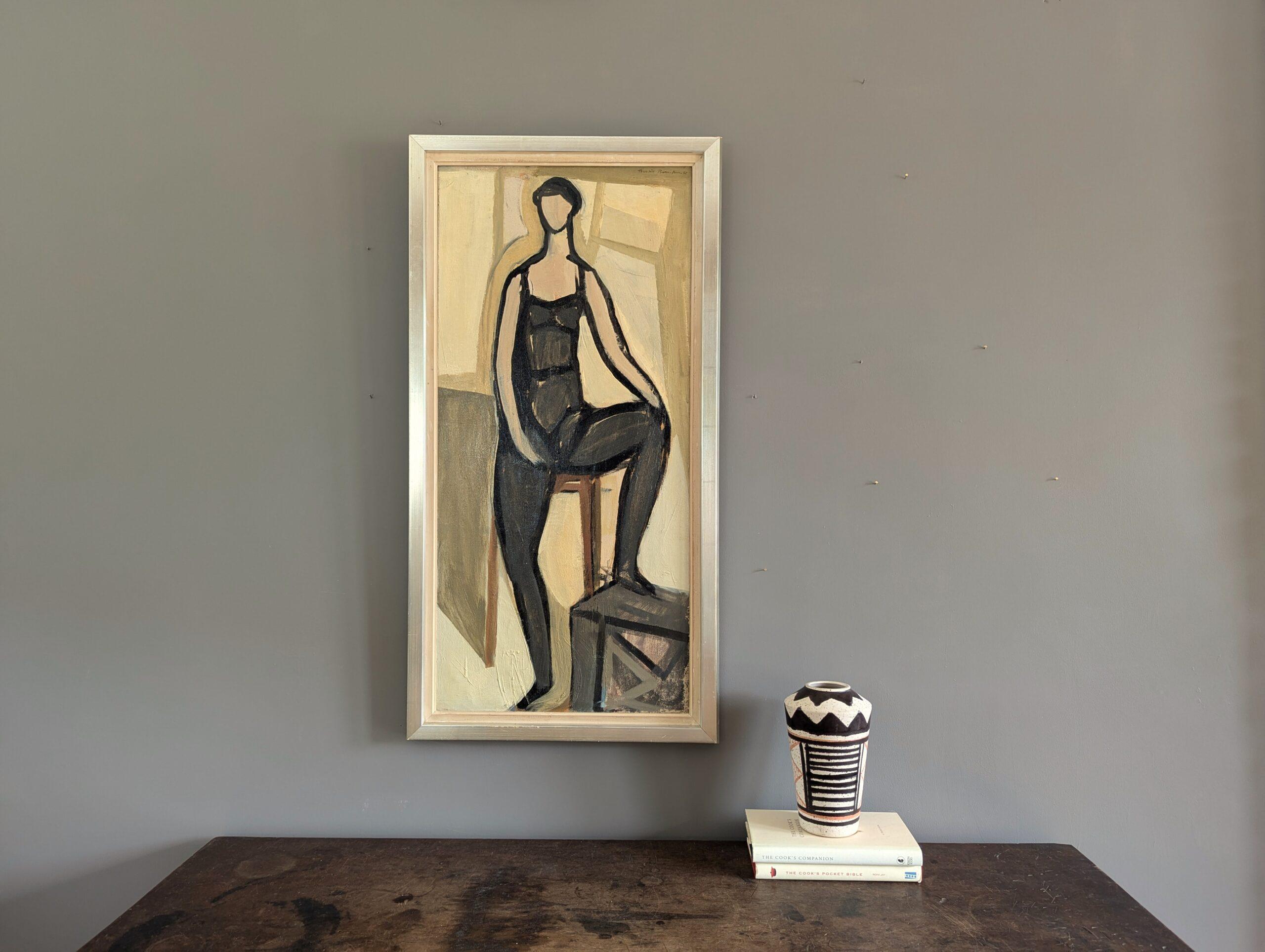 POSE
Size: 80.5 x 41 cm (including frame)
Oil on Canvas

A brilliantly executed modernist style figurative portrait, executed in oil onto canvas and dated 1951.

The composition features a model seated on a tall brown stool, with one leg resting on