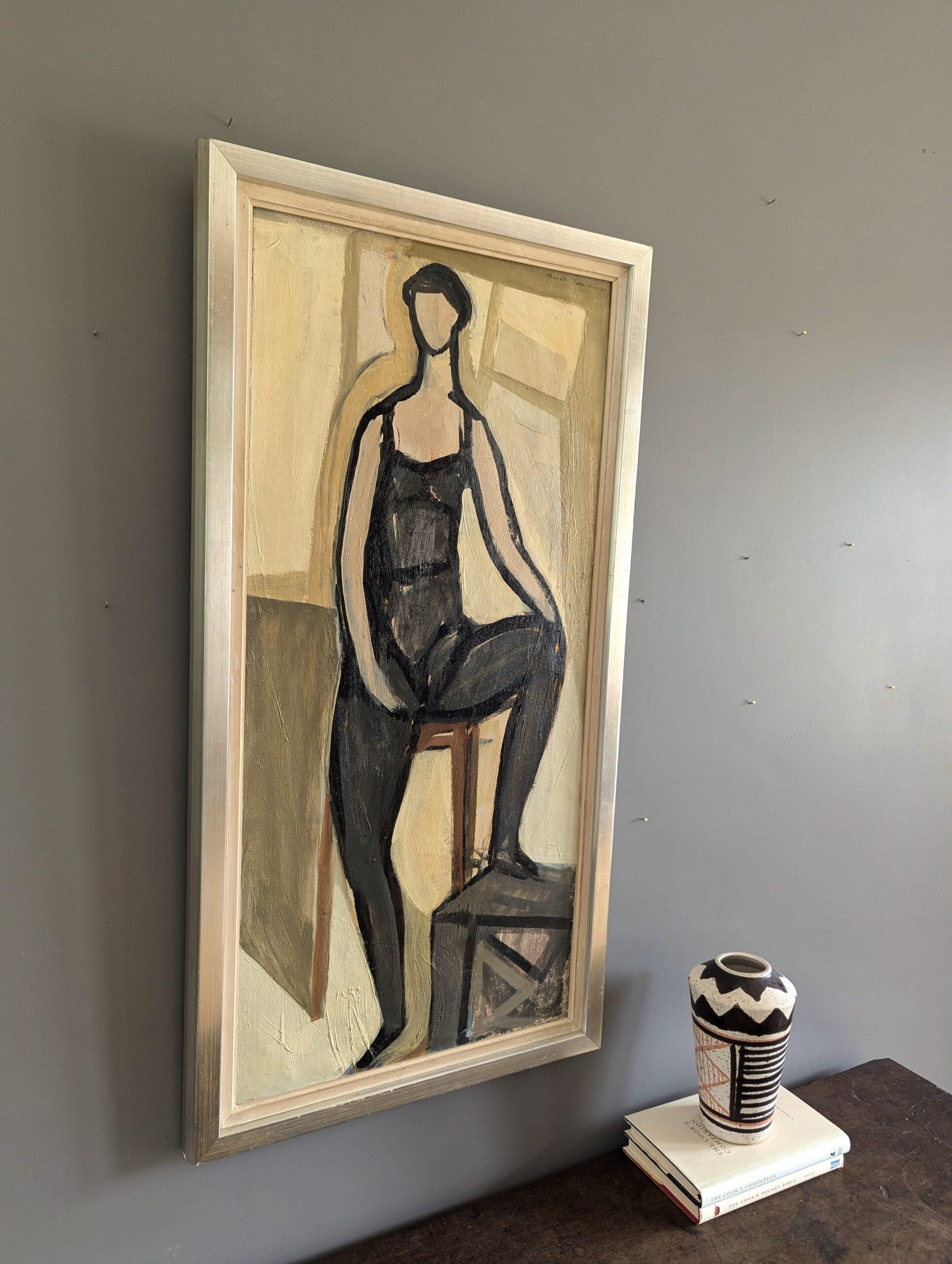 1951 Vintage Mid-Century Modern Figurative Portrait Framed Oil Painting - Pose For Sale 1