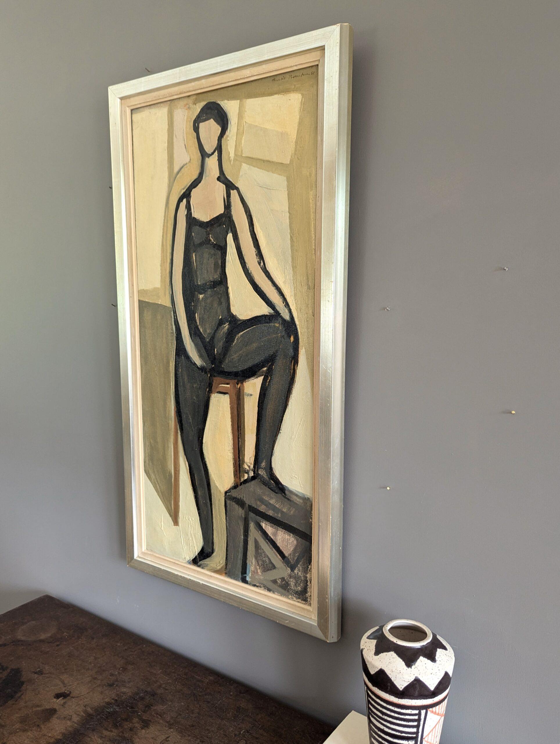 1951 Vintage Mid-Century Modern Figurative Portrait Framed Oil Painting - Pose For Sale 2