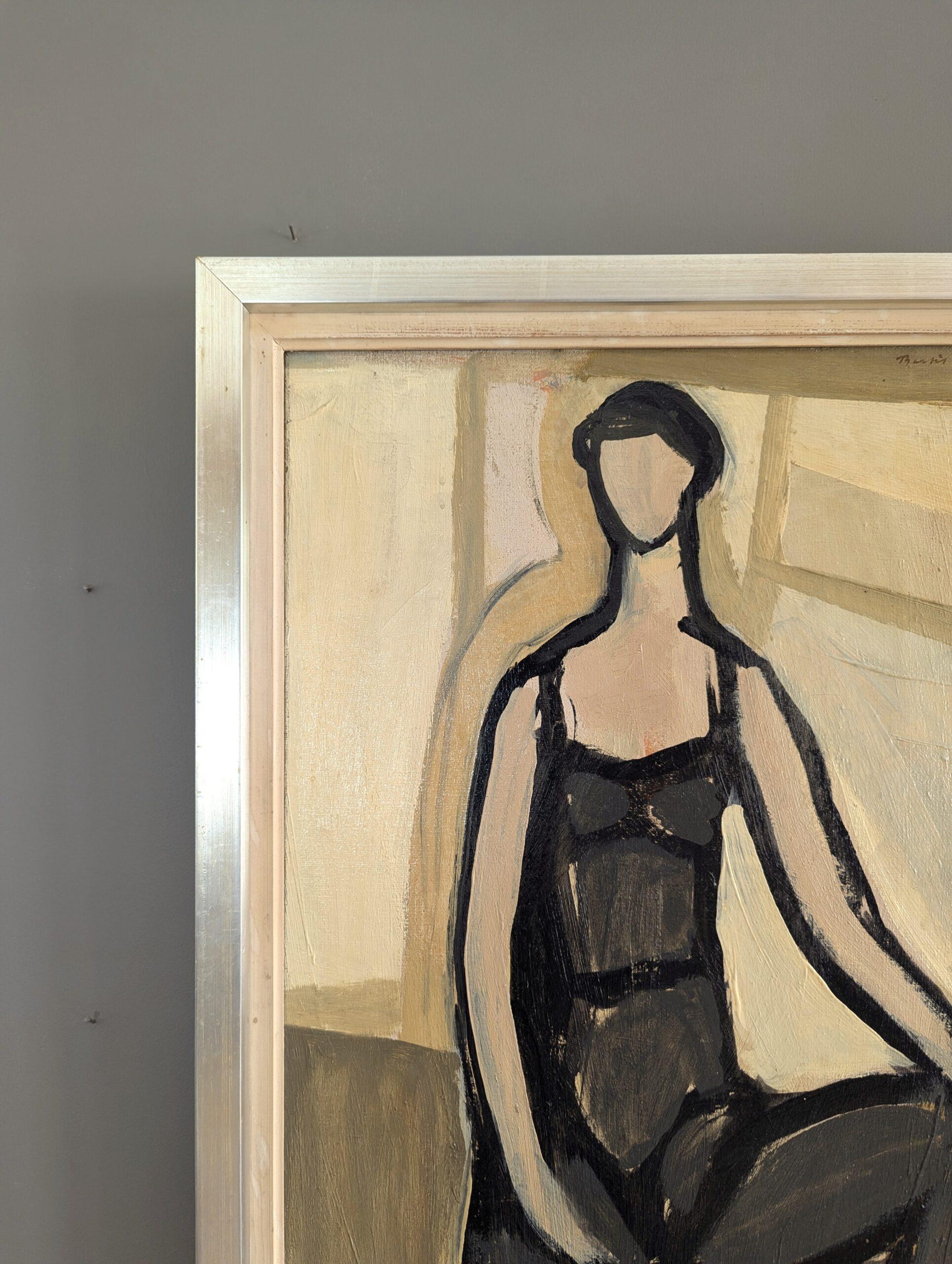 1951 Vintage Mid-Century Modern Figurative Portrait Framed Oil Painting - Pose For Sale 3