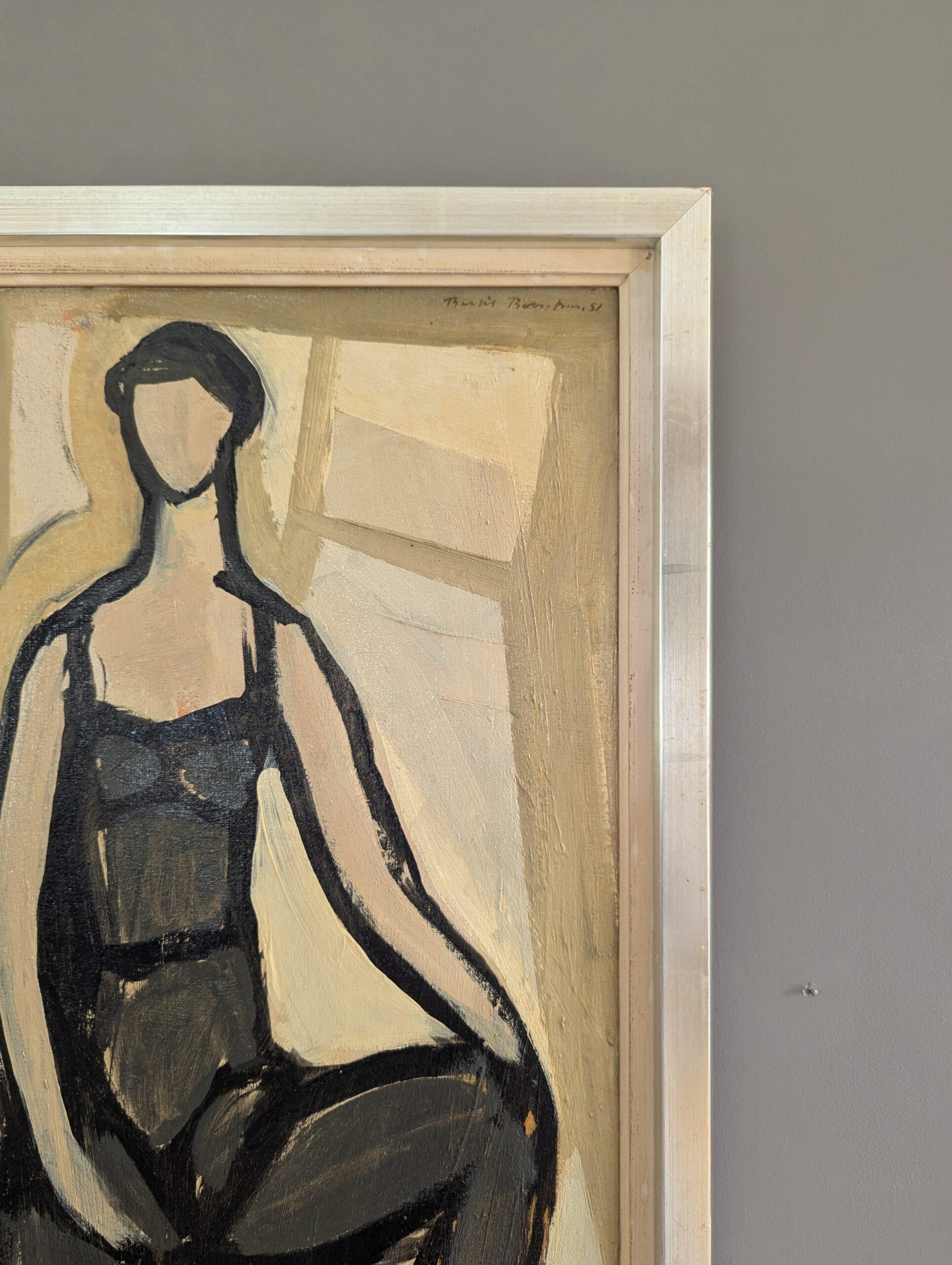 1951 Vintage Mid-Century Modern Figurative Portrait Framed Oil Painting - Pose For Sale 4
