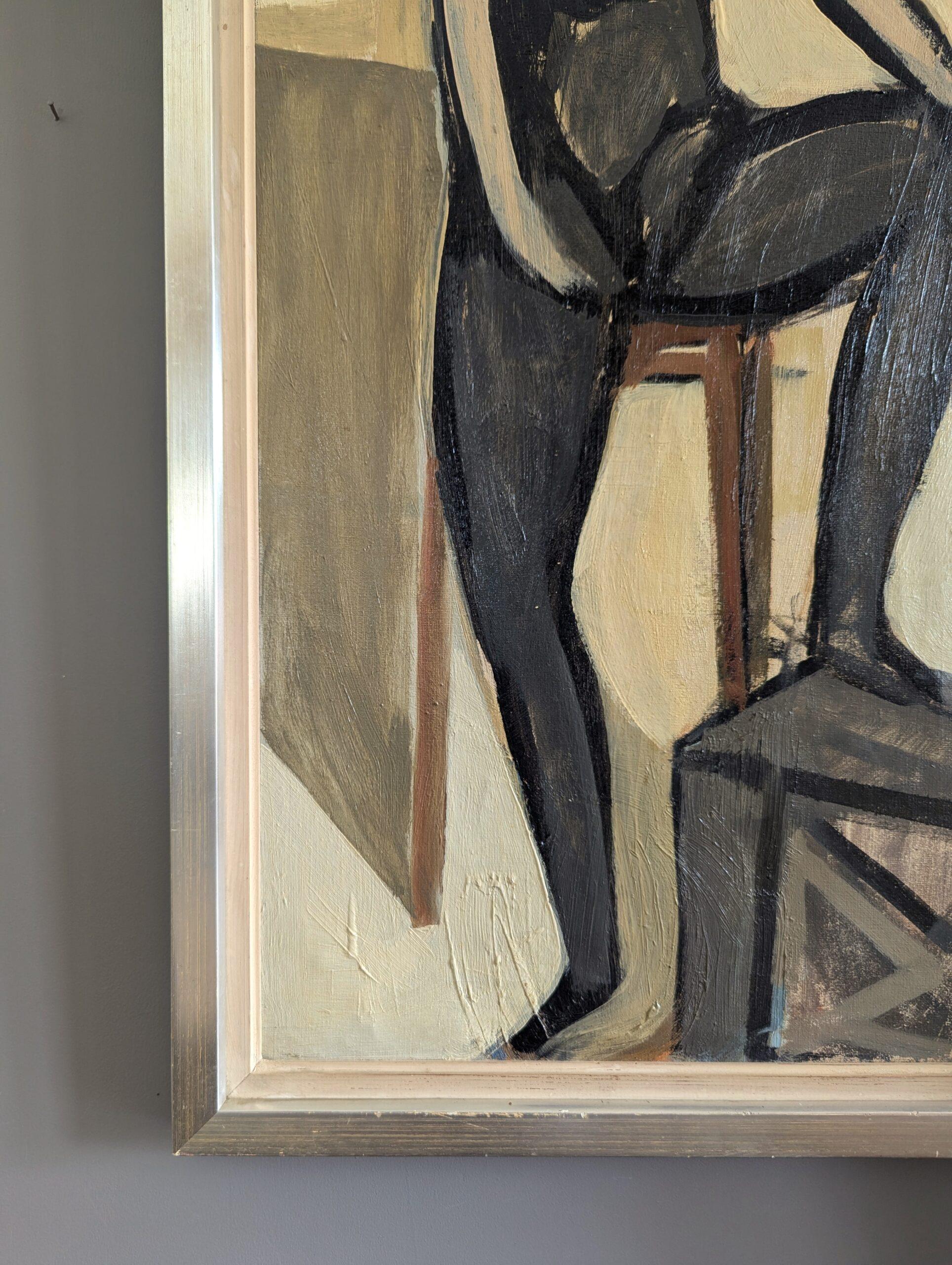 1951 Vintage Mid-Century Modern Figurative Portrait Framed Oil Painting - Pose For Sale 5