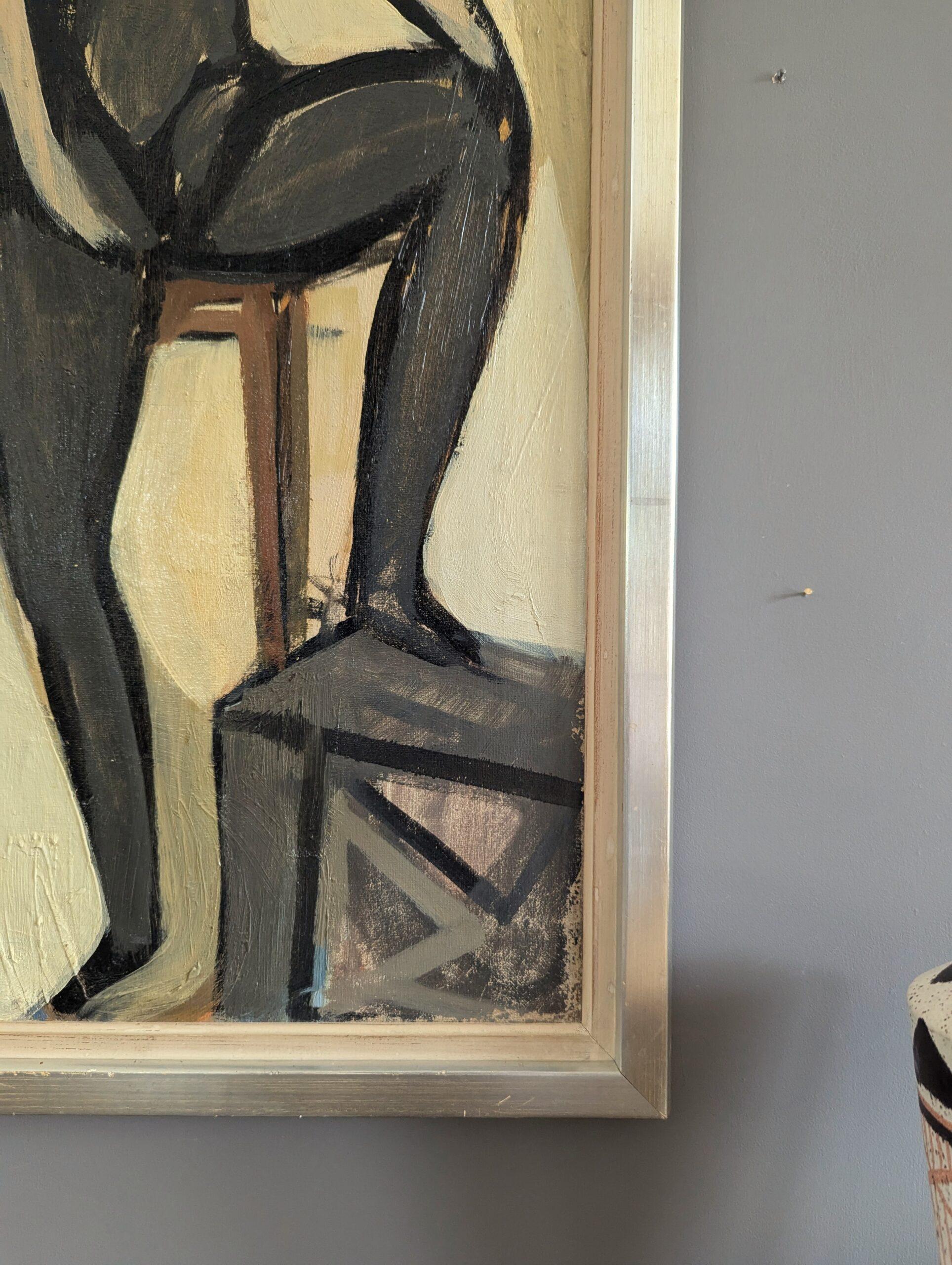 1951 Vintage Mid-Century Modern Figurative Portrait Framed Oil Painting - Pose For Sale 6
