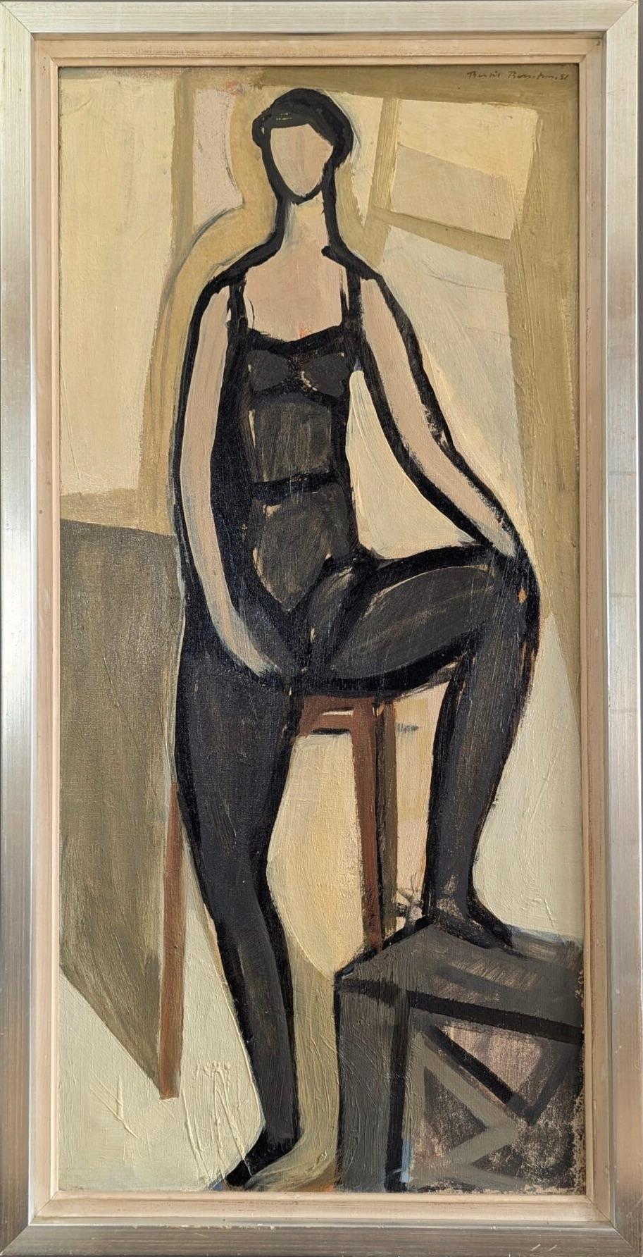1951 Vintage Mid-Century Modern Figurative Portrait Framed Oil Painting - Pose