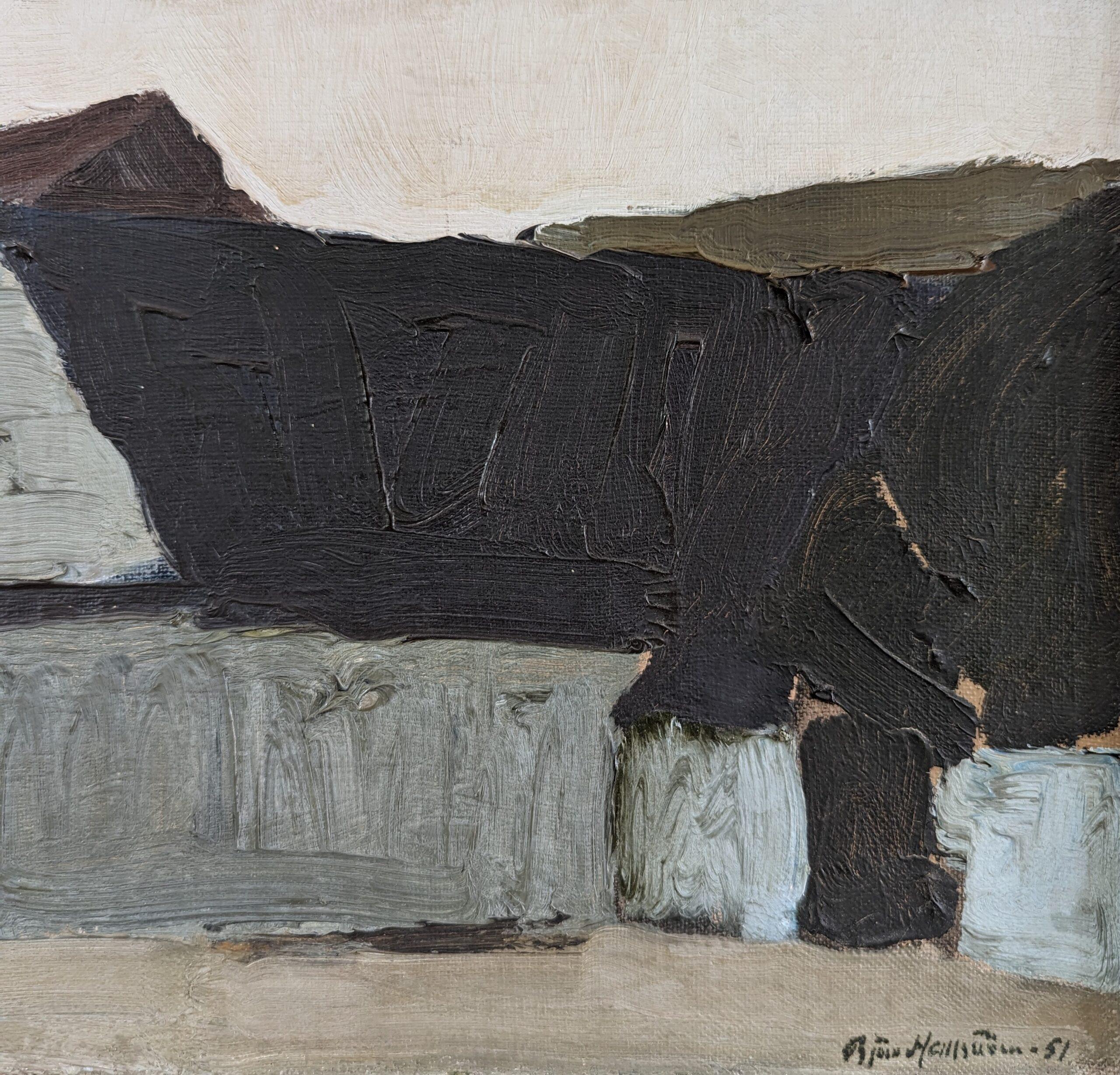 1951 Vintage Pintura al óleo sueca de mediados de siglo sobre un paisaje expresivo - Morada apagada 7
