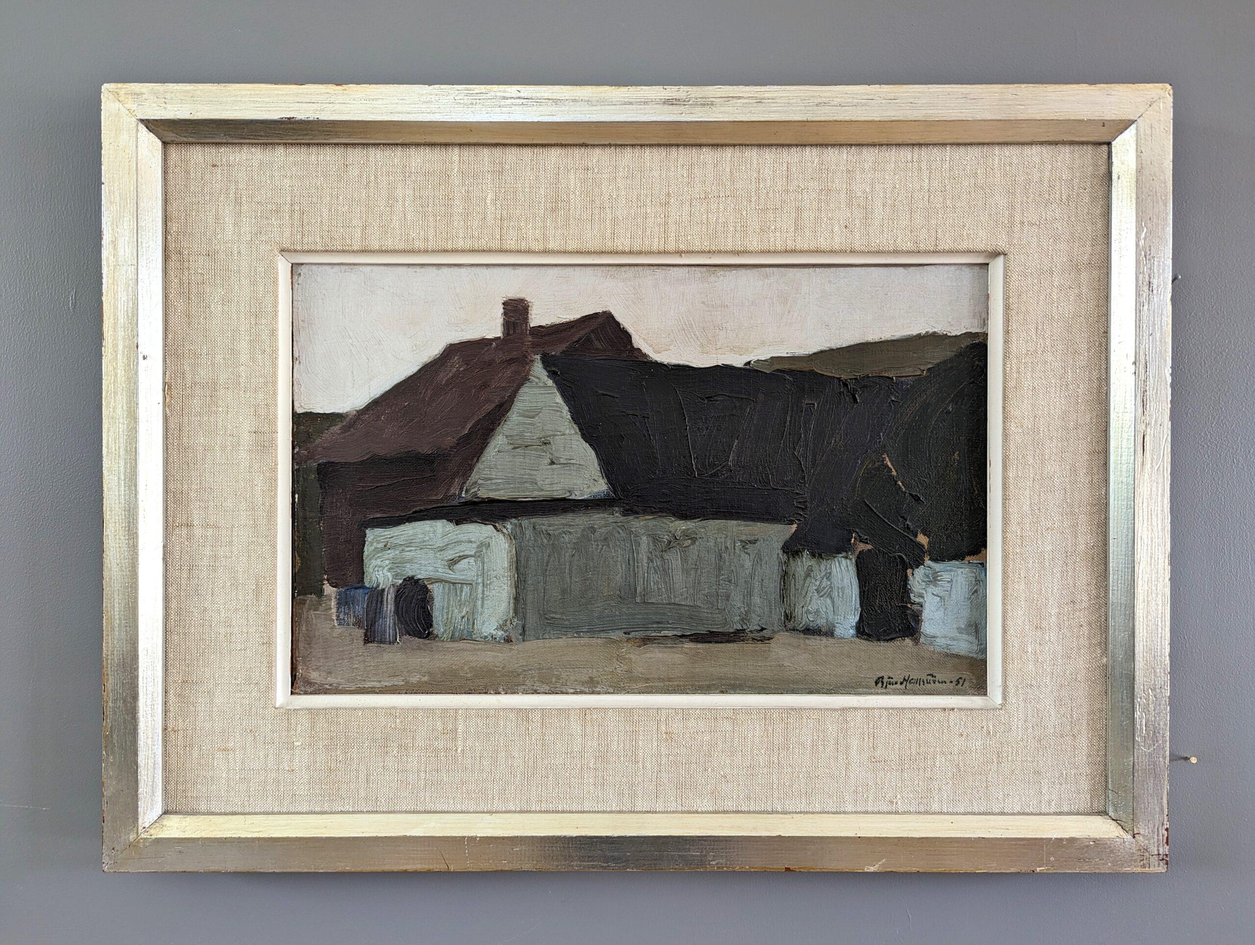 1951 Vintage Pintura al óleo sueca de mediados de siglo sobre un paisaje expresivo - Morada apagada - Painting de Unknown