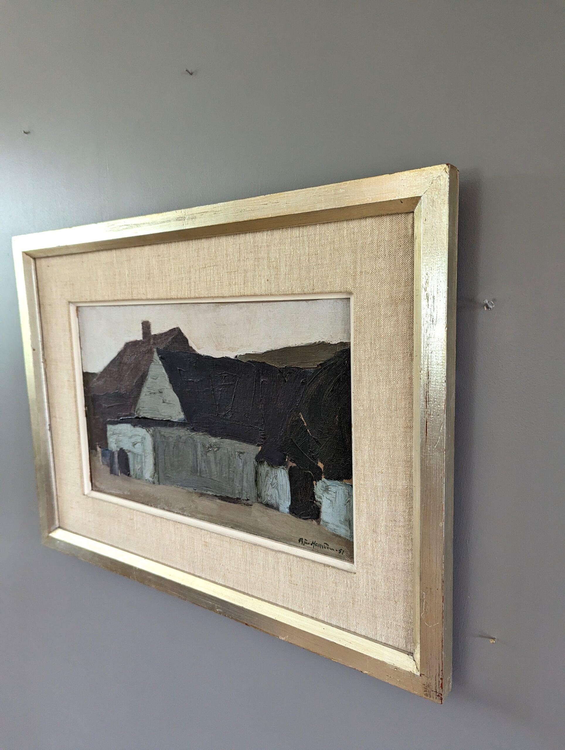 ABODO MUTILADO
Óleo sobre tabla
Tamaño: 37 x 50 cm (incluido el marco)

Una tenue composición de mediados de siglo de una casa dentro de un paisaje, realizada en óleo sobre tabla y fechada en 1951.

De naturaleza semiabstracta, el artista ha