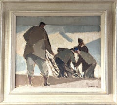 1952 Mid Century Modern Swedish Figurative Oil Painting - Working Together