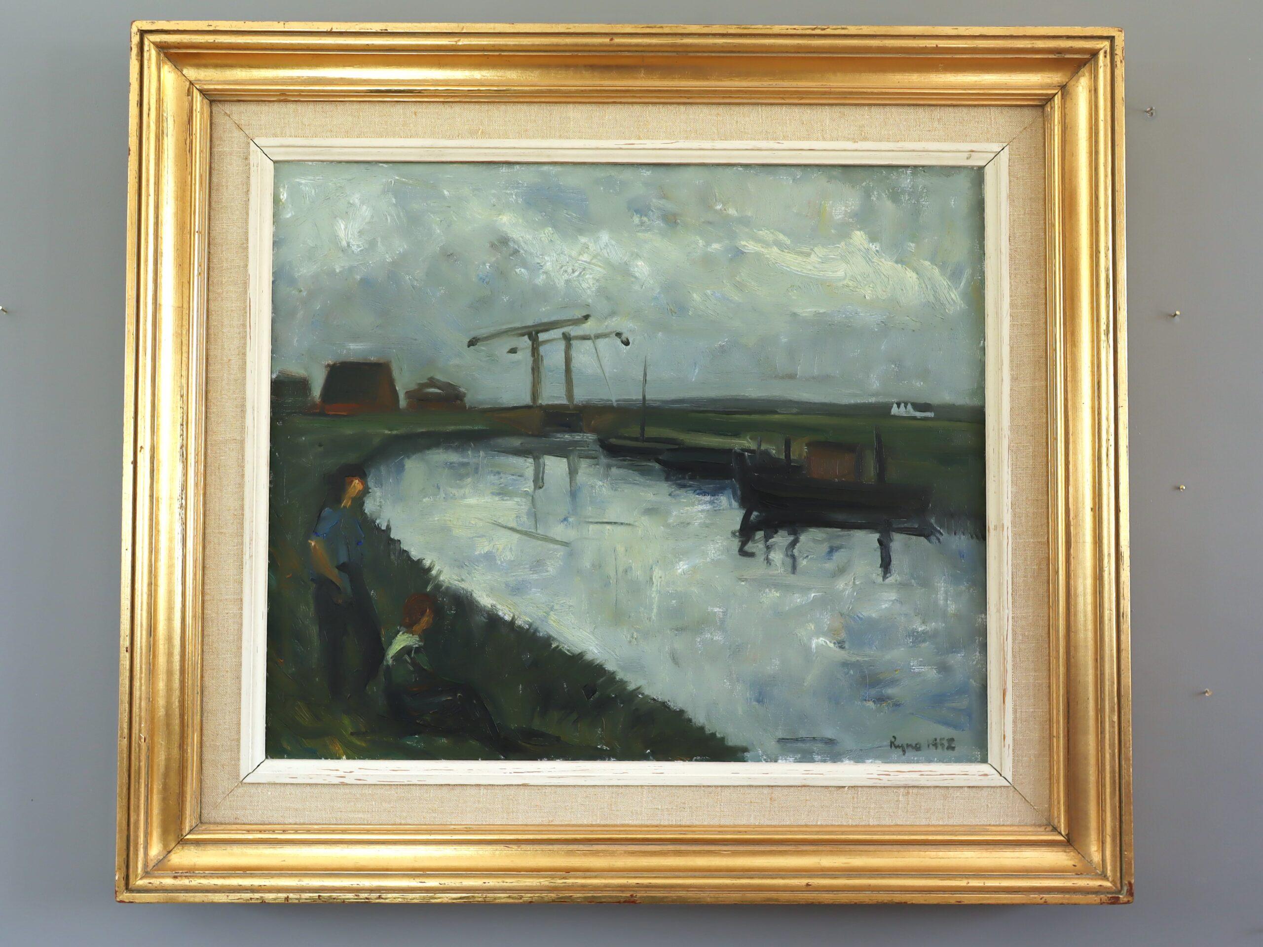 1952 Pittura ad olio di paesaggio svedese della metà del secolo scorso - Sulla riva dell'acqua - Painting di Unknown