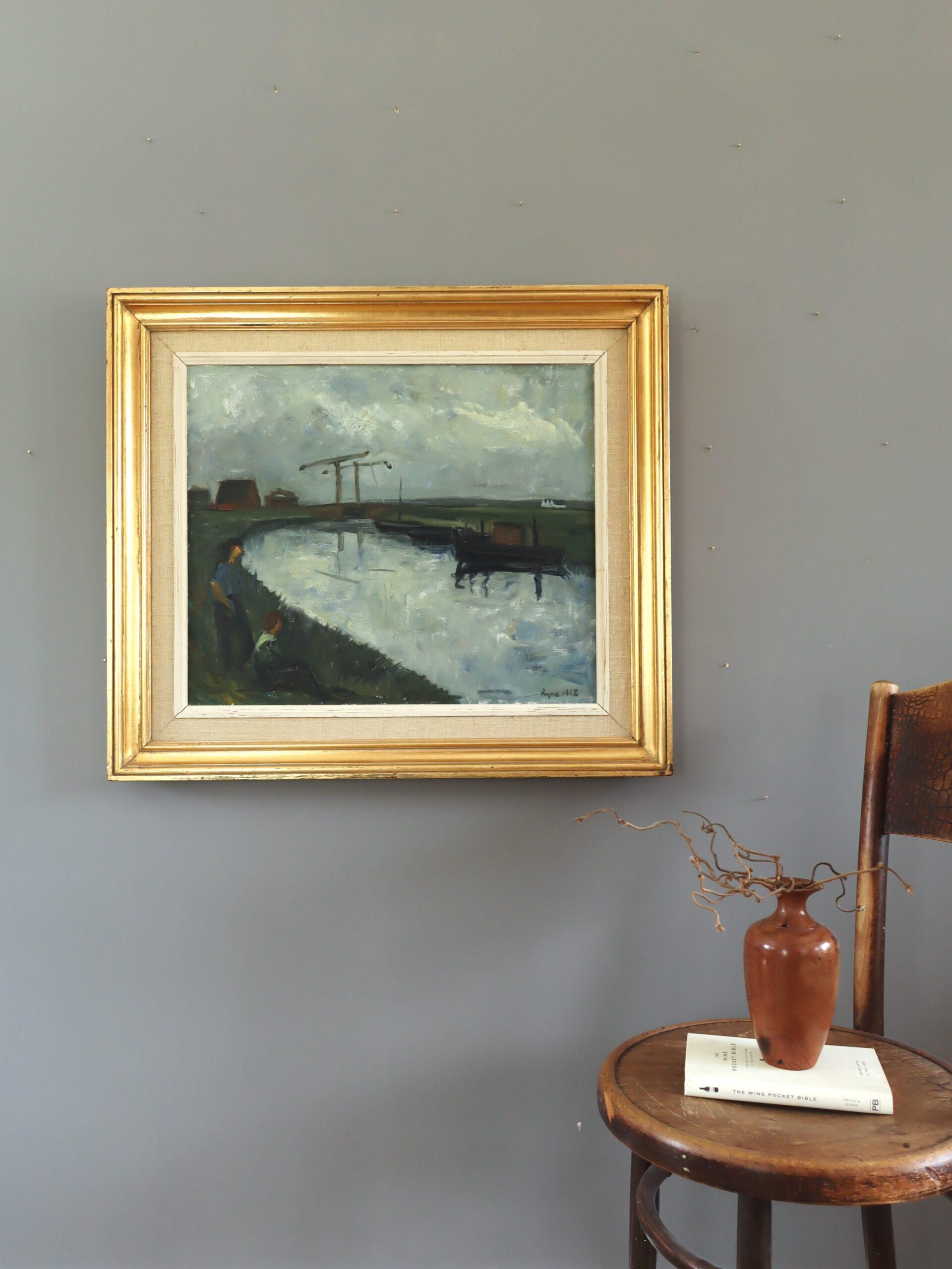 1952 Pittura ad olio di paesaggio svedese della metà del secolo scorso - Sulla riva dell'acqua - Painting Moderno di Unknown