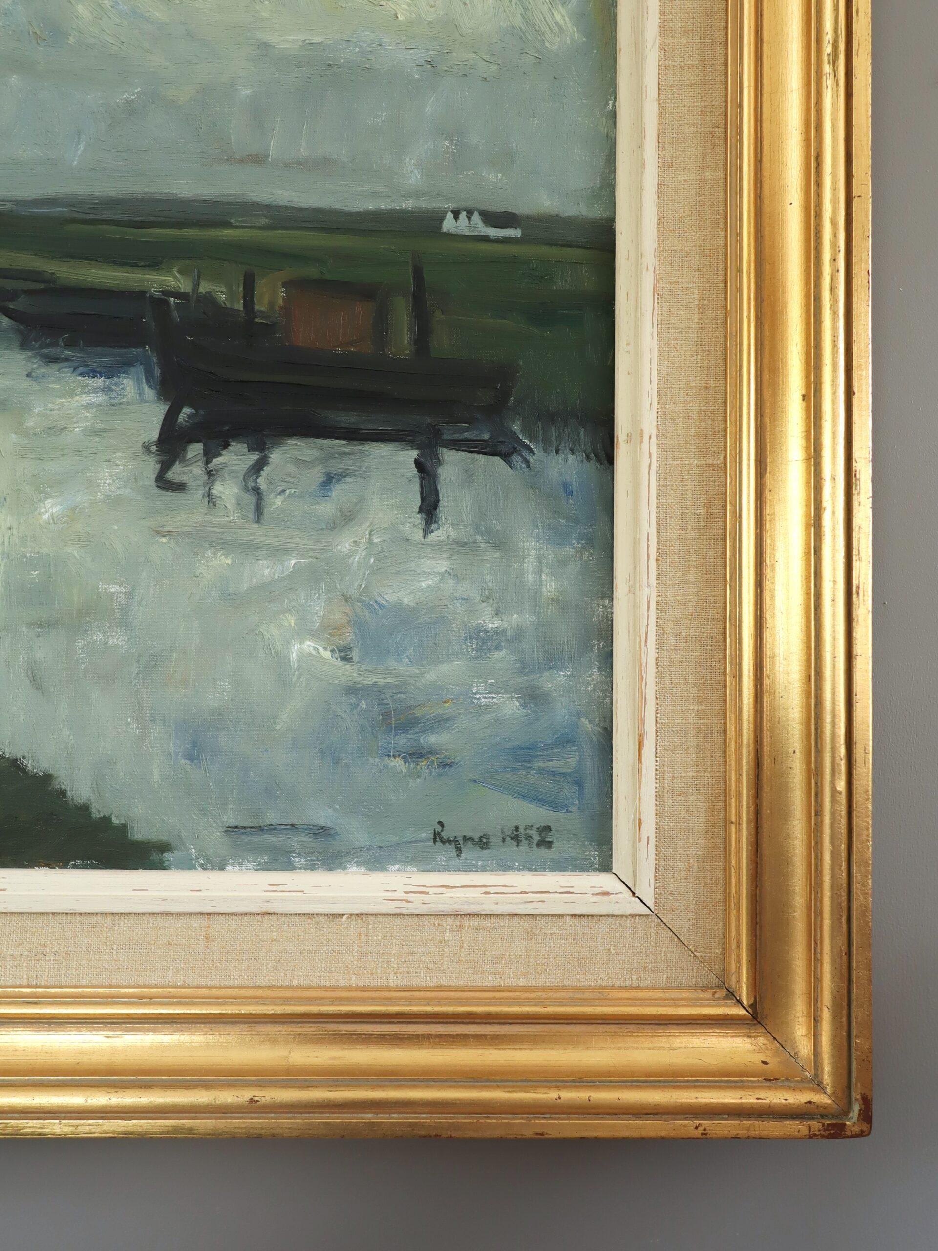1952 Pittura ad olio di paesaggio svedese della metà del secolo scorso - Sulla riva dell'acqua in vendita 2