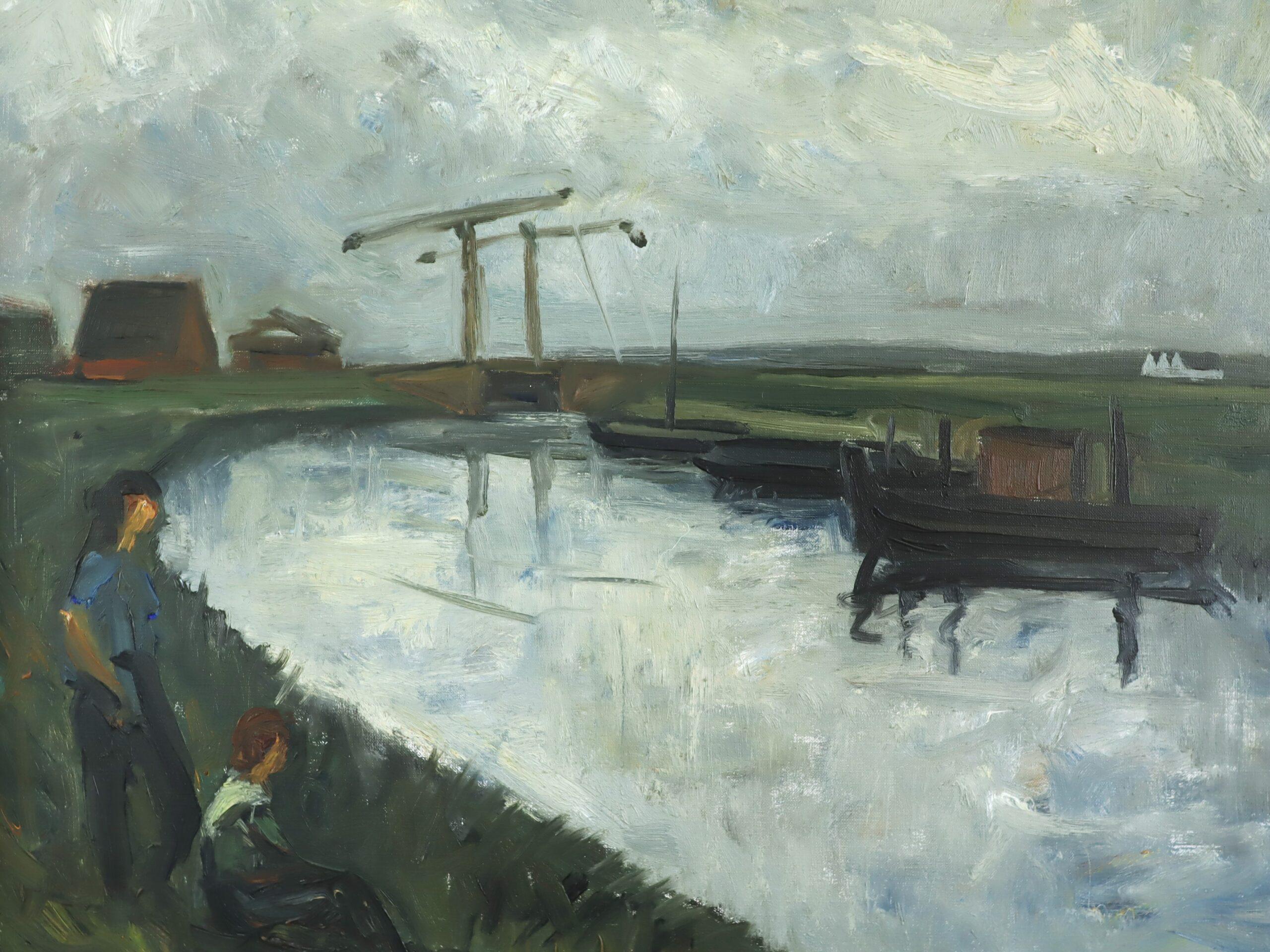 1952 Pittura ad olio di paesaggio svedese della metà del secolo scorso - Sulla riva dell'acqua in vendita 3