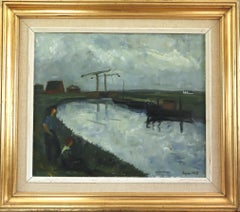 1952 Pittura ad olio di paesaggio svedese della metà del secolo scorso - Sulla riva dell'acqua