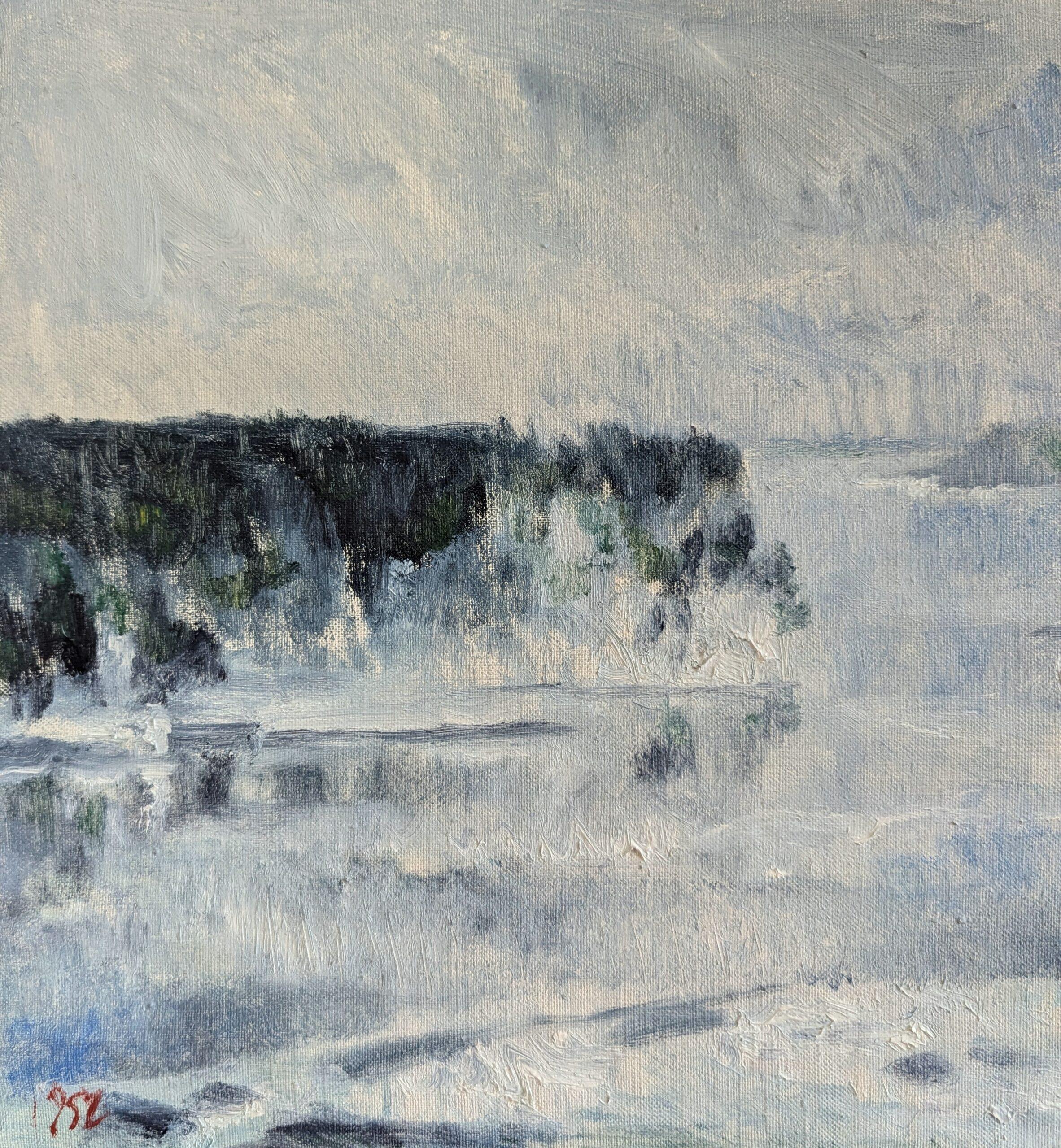 1952 Vintage Mid-Century Modern Landscape Framed Oil Painting - Winter Fog For Sale 7