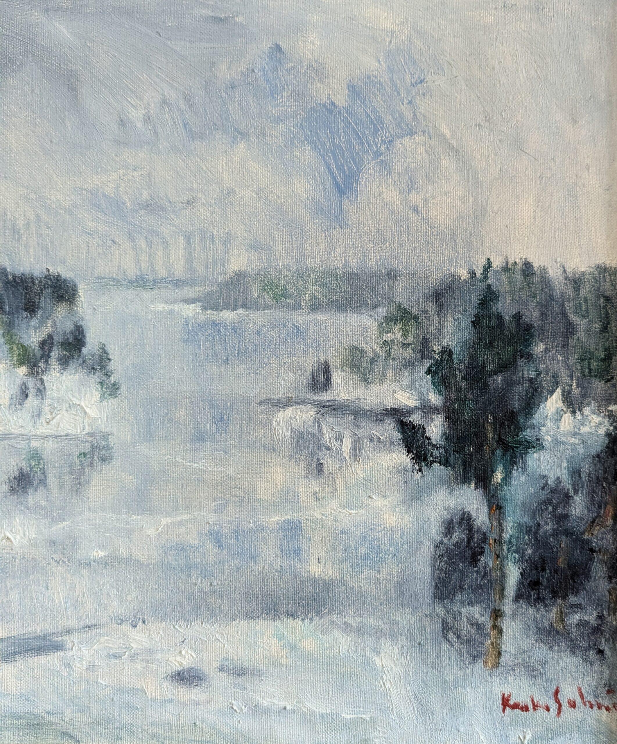 1952 Vintage Mid-Century Modern Landscape Framed Oil Painting - Winter Fog For Sale 8