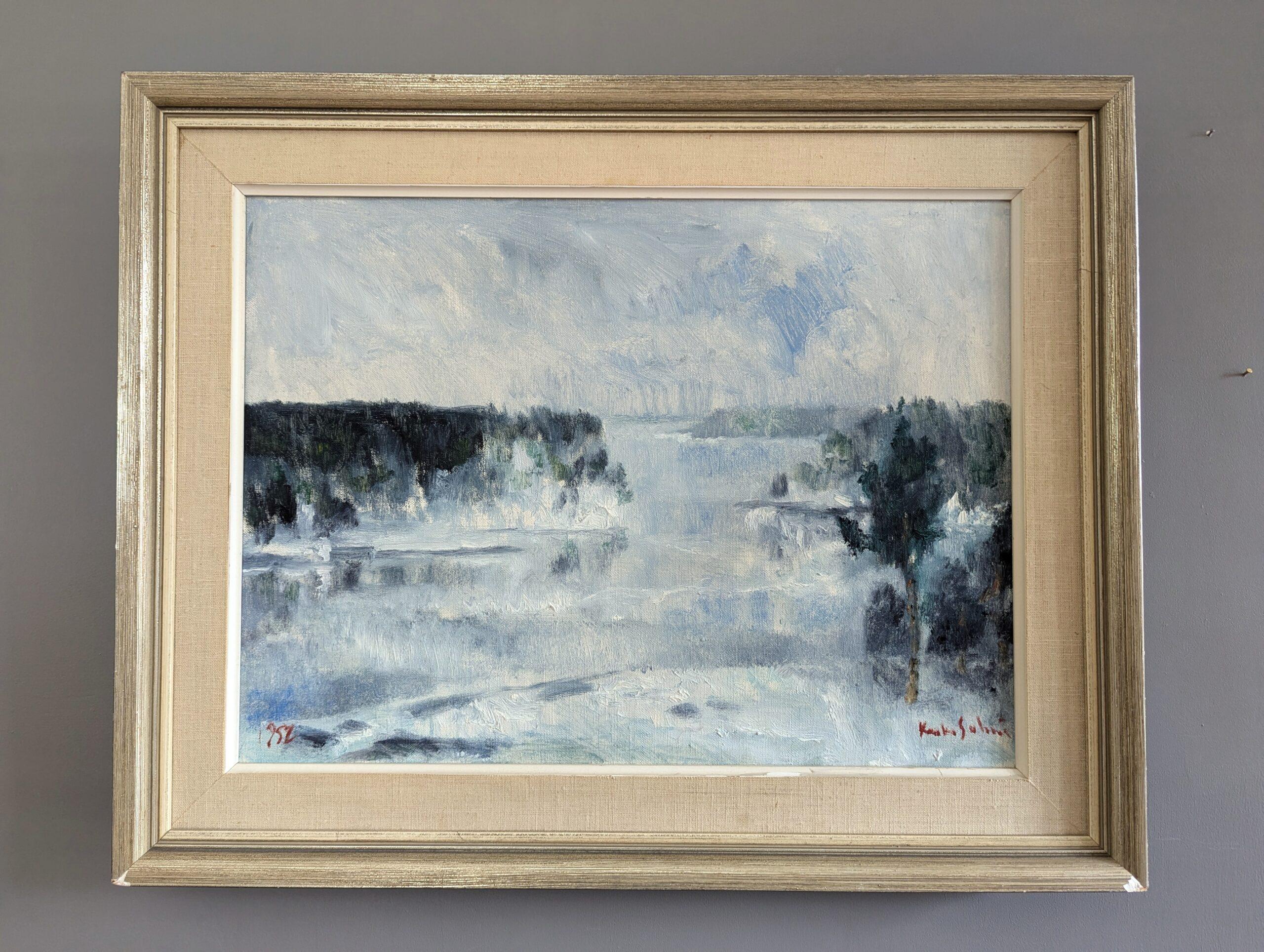 1952 Vintage Mid-Century Modern Landscape Framed Oil Painting - Winter Fog - Gray Landscape Painting by Unknown