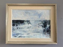 1952 Vintage Mid-Century Modern Landscape Framed Oil Painting - Winter Fog