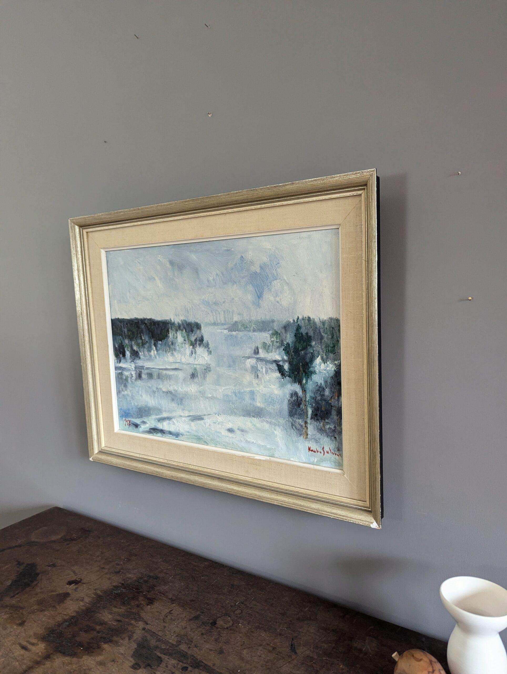 1952 Vintage Mid-Century Modern Landscape Framed Oil Painting - Winter Fog For Sale 1