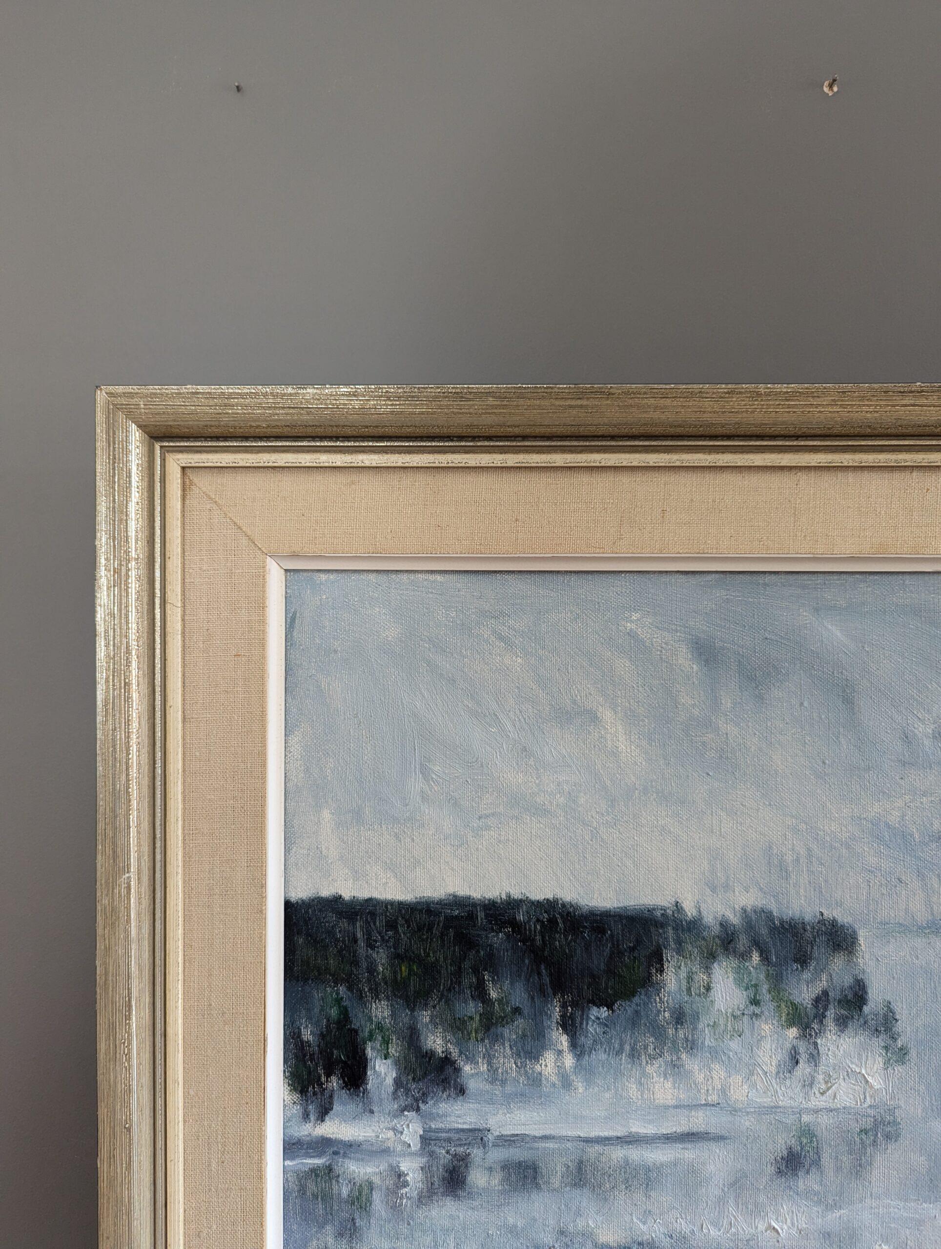 1952 Vintage Mid-Century Modern Landscape Framed Oil Painting - Winter Fog For Sale 2