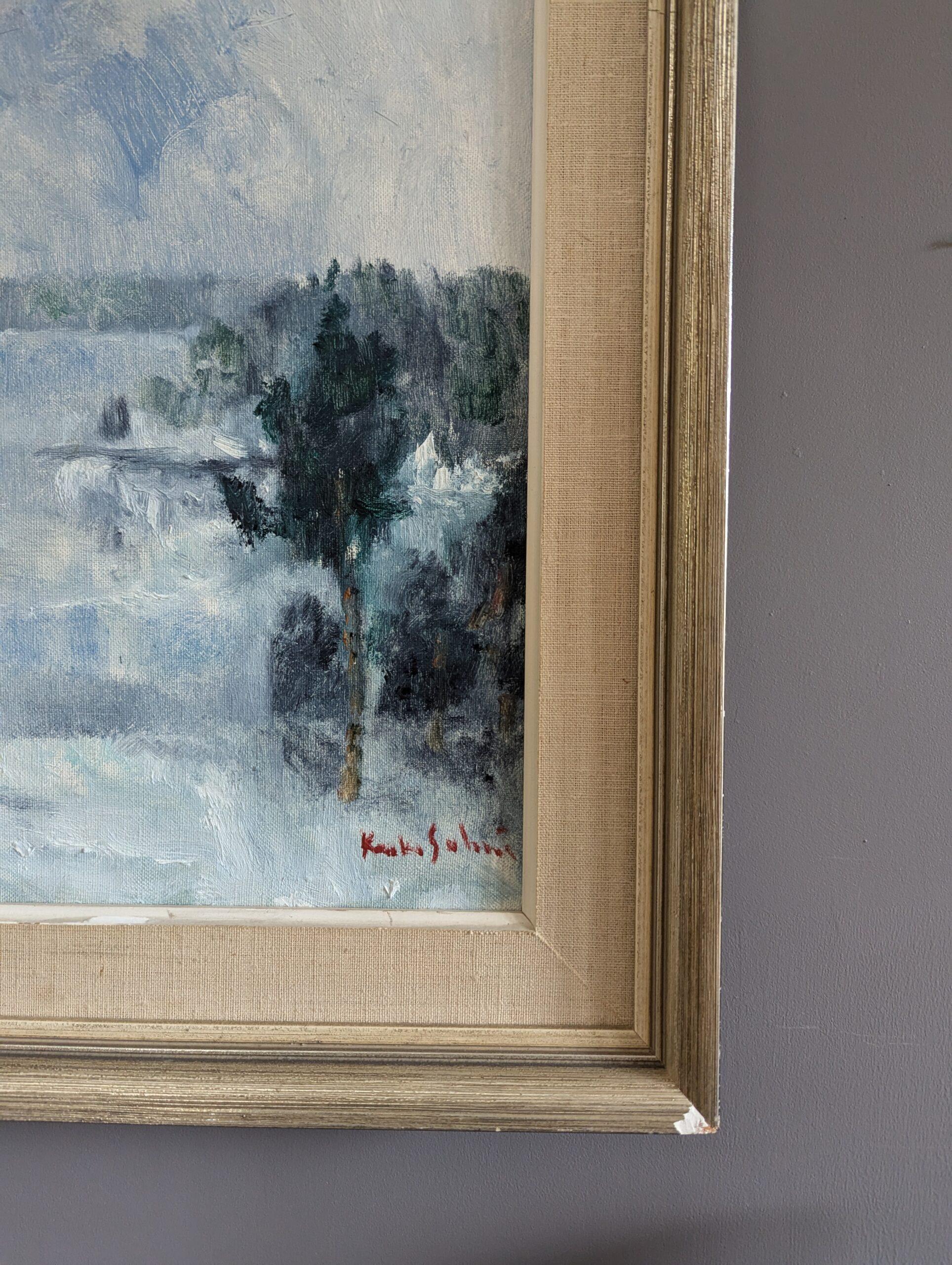 1952 Vintage Mid-Century Modern Landscape Framed Oil Painting - Winter Fog For Sale 3