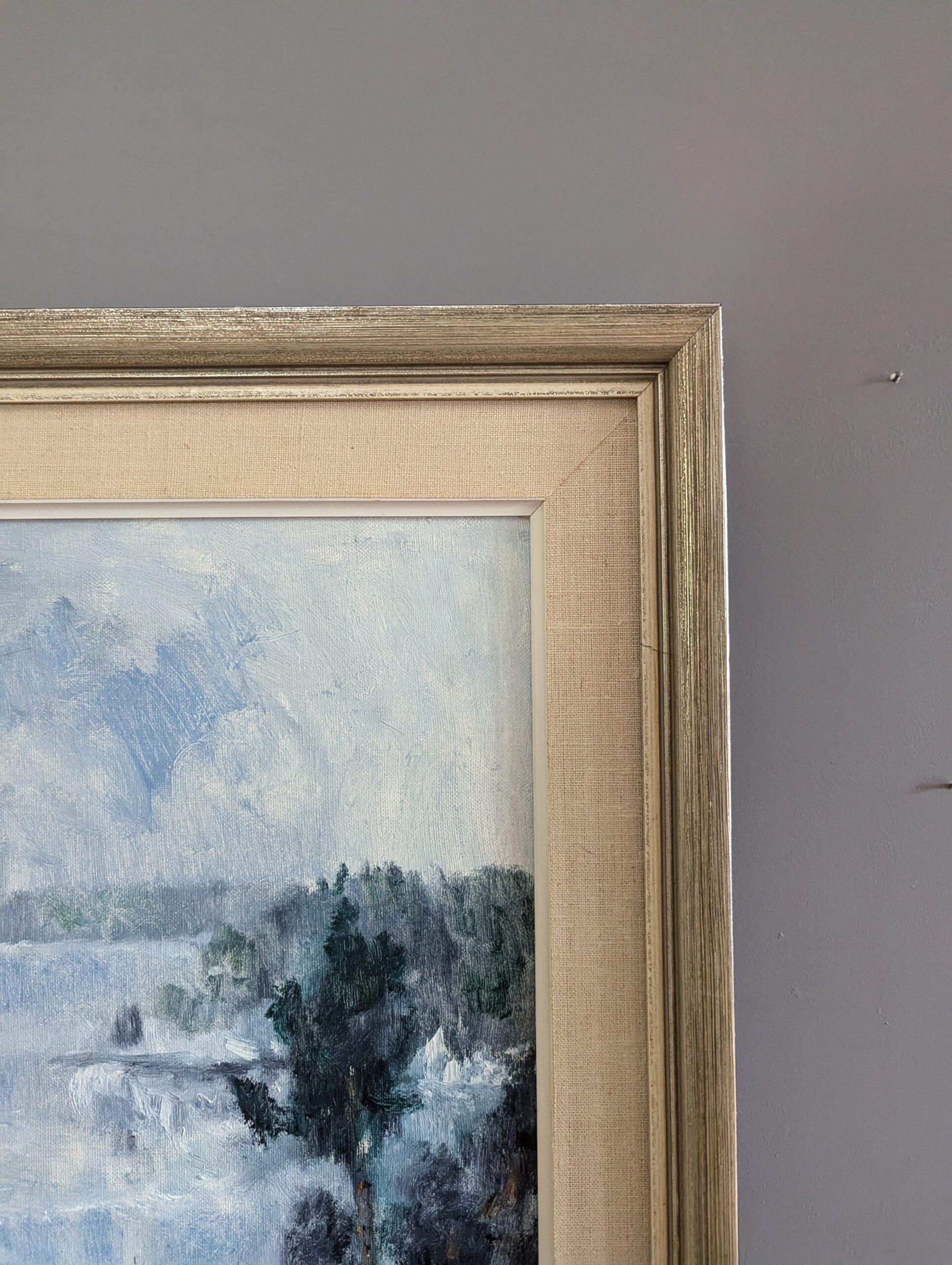 1952 Vintage Mid-Century Modern Landscape Framed Oil Painting - Winter Fog For Sale 4