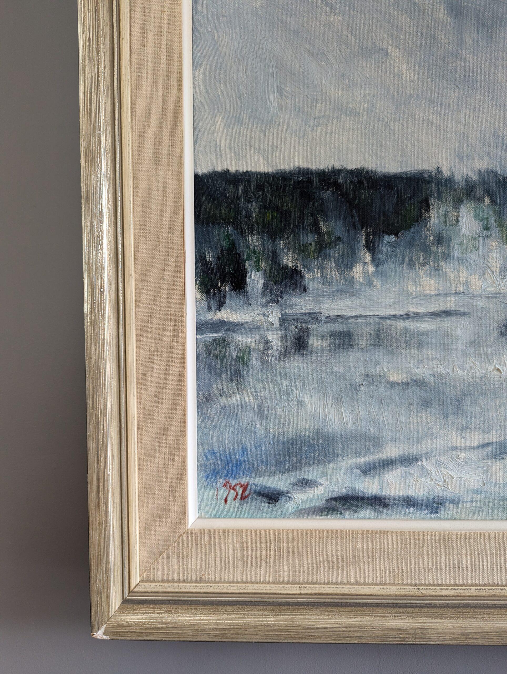 1952 Vintage Mid-Century Modern Landscape Framed Oil Painting - Winter Fog For Sale 5