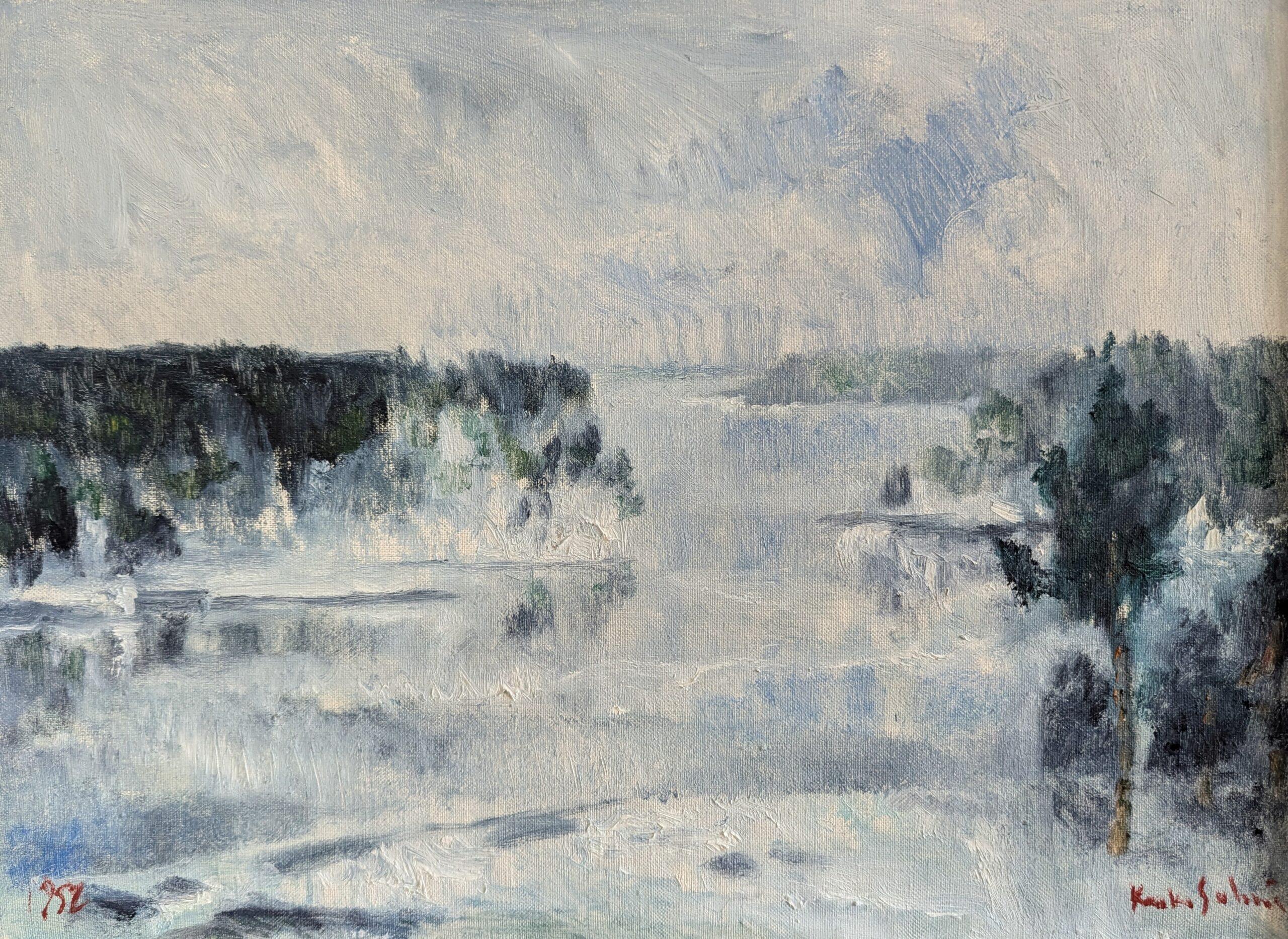 1952 Vintage Mid-Century Modern Landscape Framed Oil Painting - Winter Fog For Sale 6